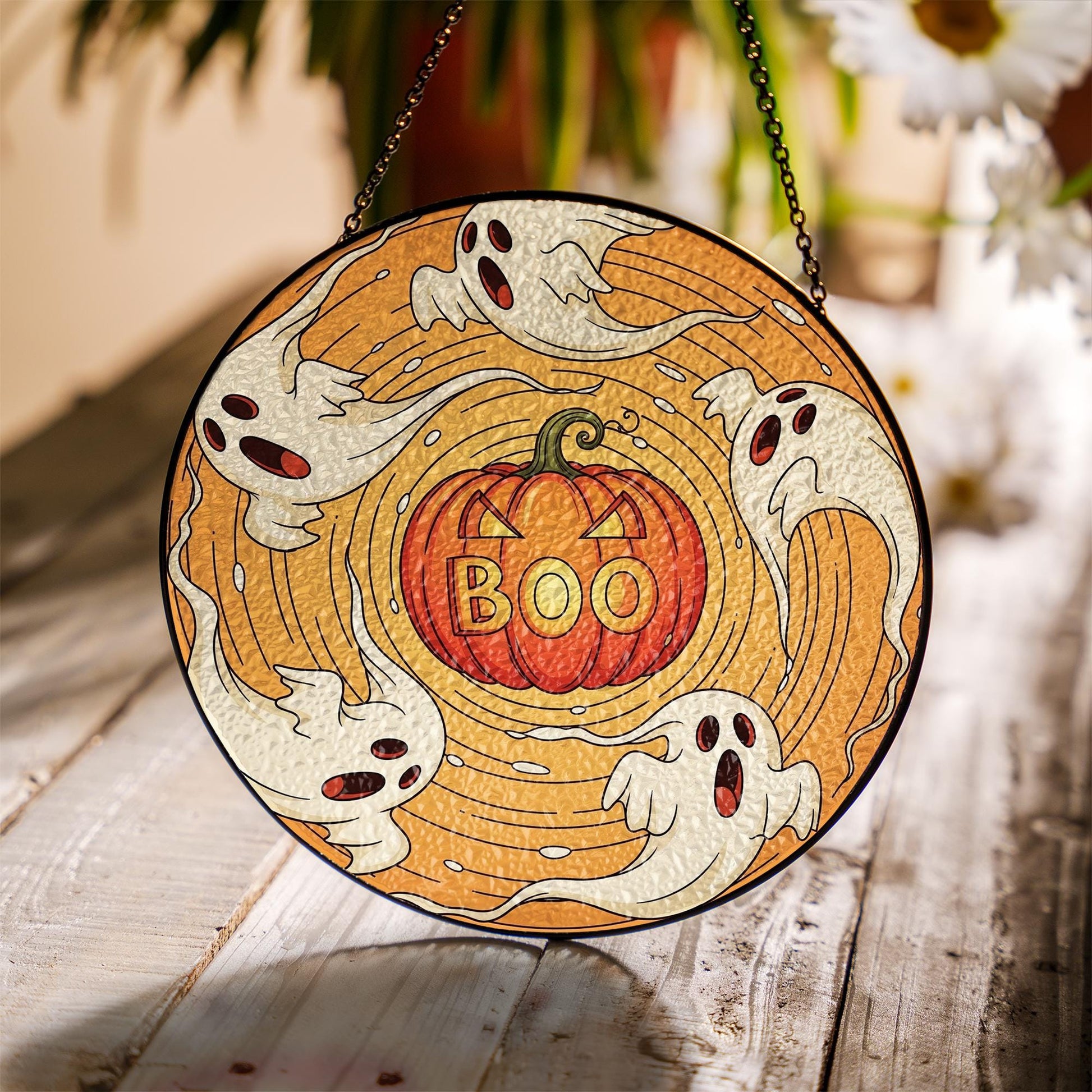 Spooky Boo Pumpkin & Swirling Ghosts Stained Glass Suncatcher, Halloween Window Decor, Cute Holiday Gift