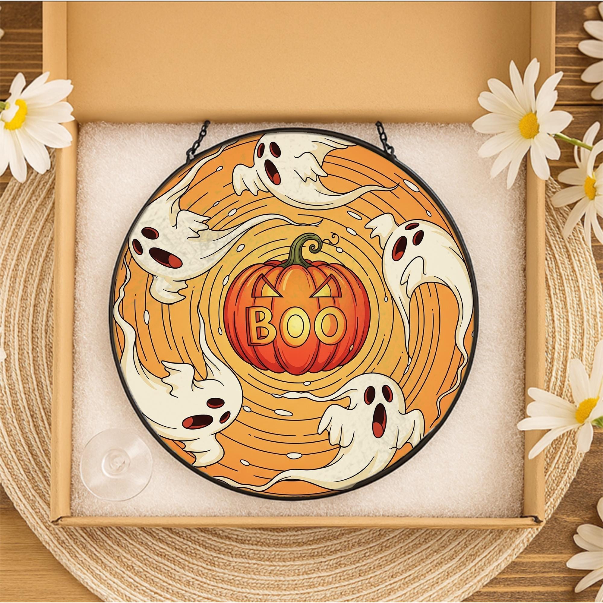 Spooky Boo Pumpkin & Swirling Ghosts Stained Glass Suncatcher, Halloween Window Decor, Cute Holiday Gift