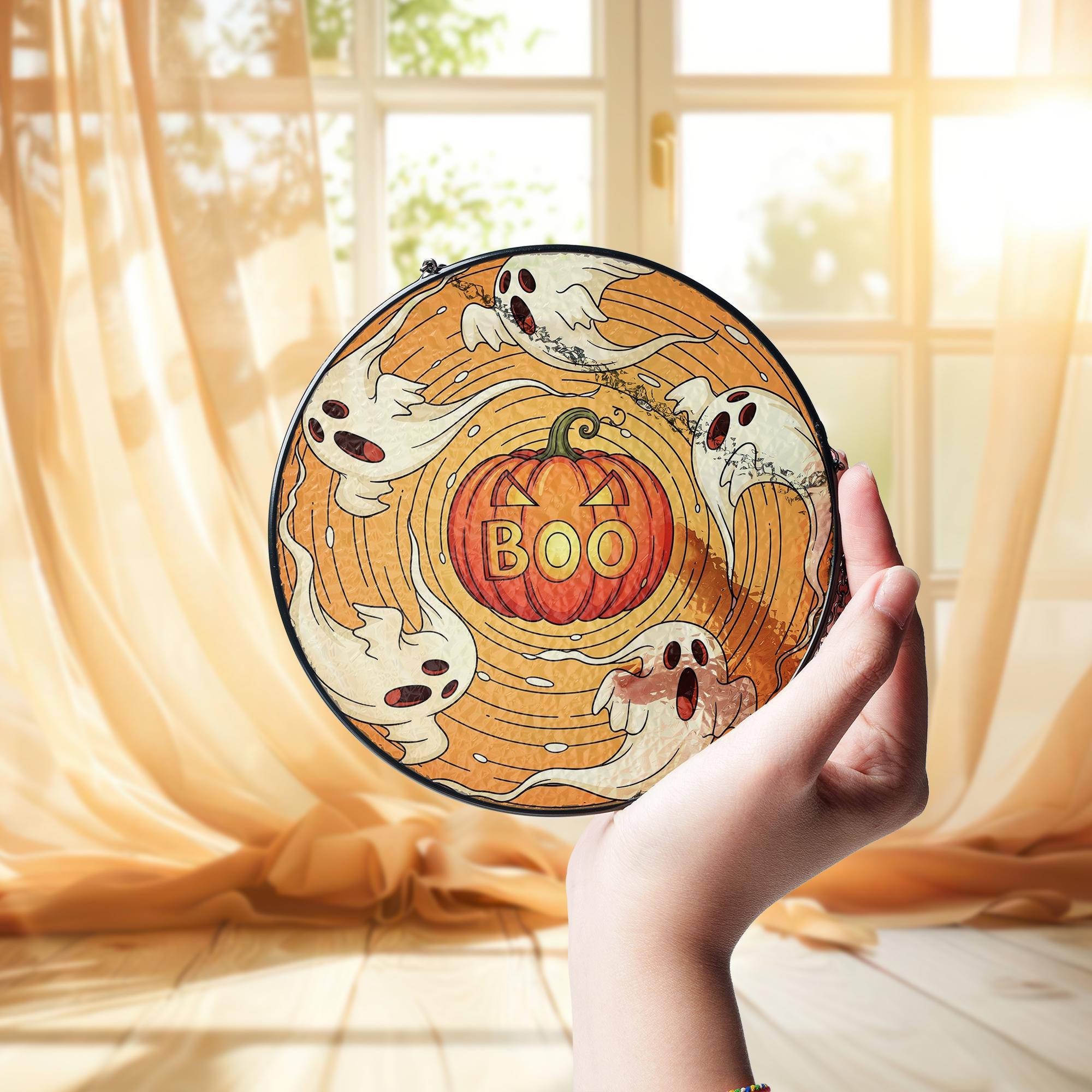 Spooky Boo Pumpkin & Swirling Ghosts Stained Glass Suncatcher, Halloween Window Decor, Cute Holiday Gift