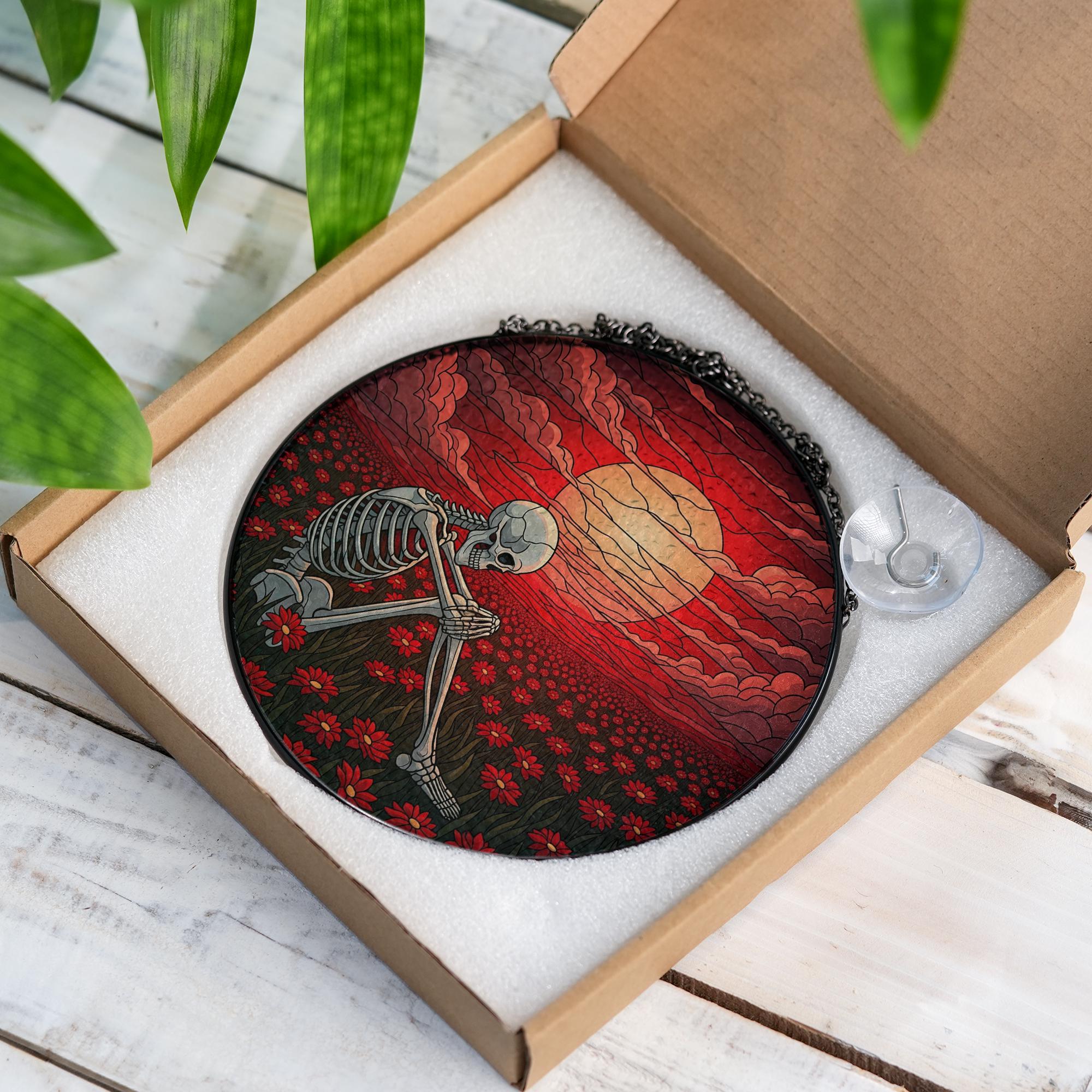 Skeleton Red Sky Stained Glass Suncatcher, Macabre Home Decor, Gothic Wall Art, Unique Gift, Skull Decor