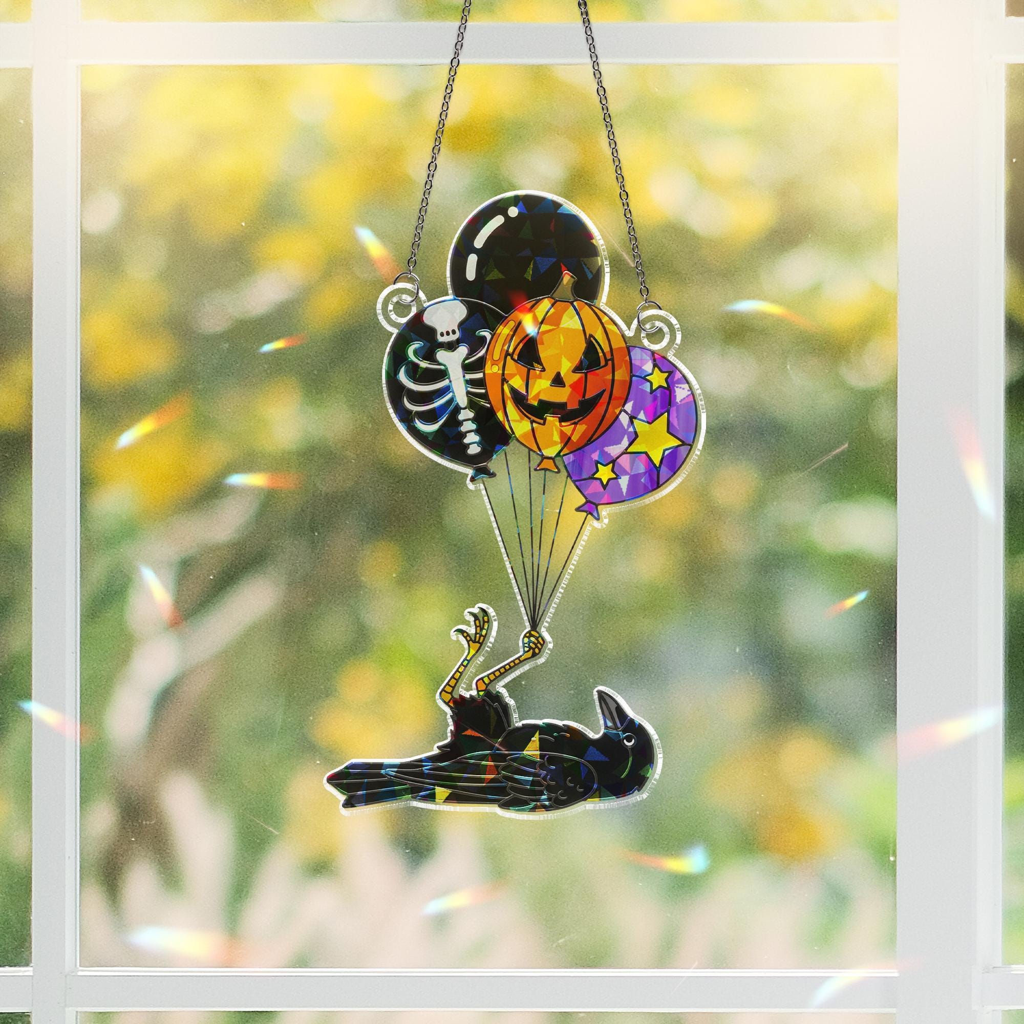 Spooky Crow Balloon Sun Catcher, Halloween Skeleton Pumpkin Window Prism, Gothic Home Decor Gift