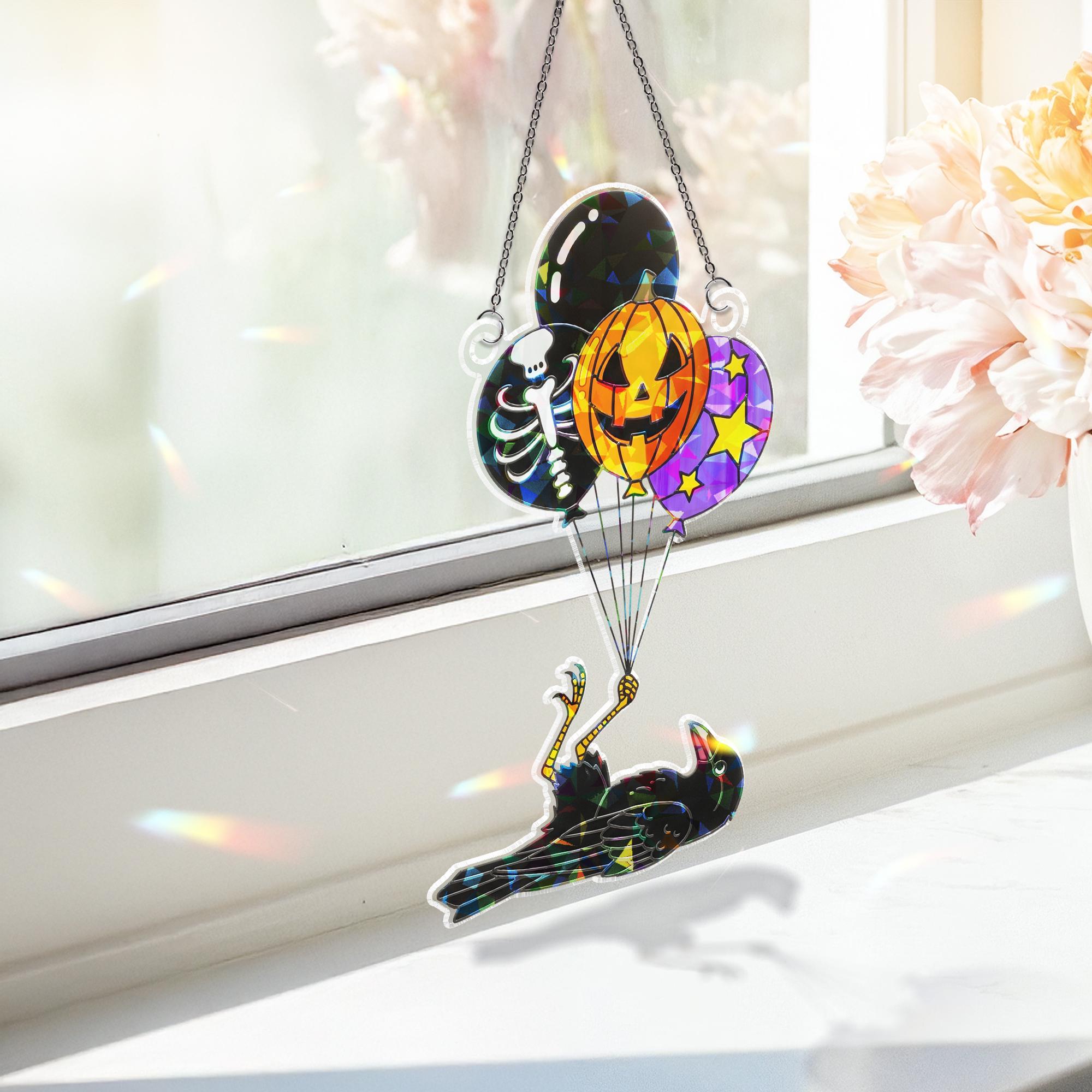 Spooky Crow Balloon Sun Catcher, Halloween Skeleton Pumpkin Window Prism, Gothic Home Decor Gift