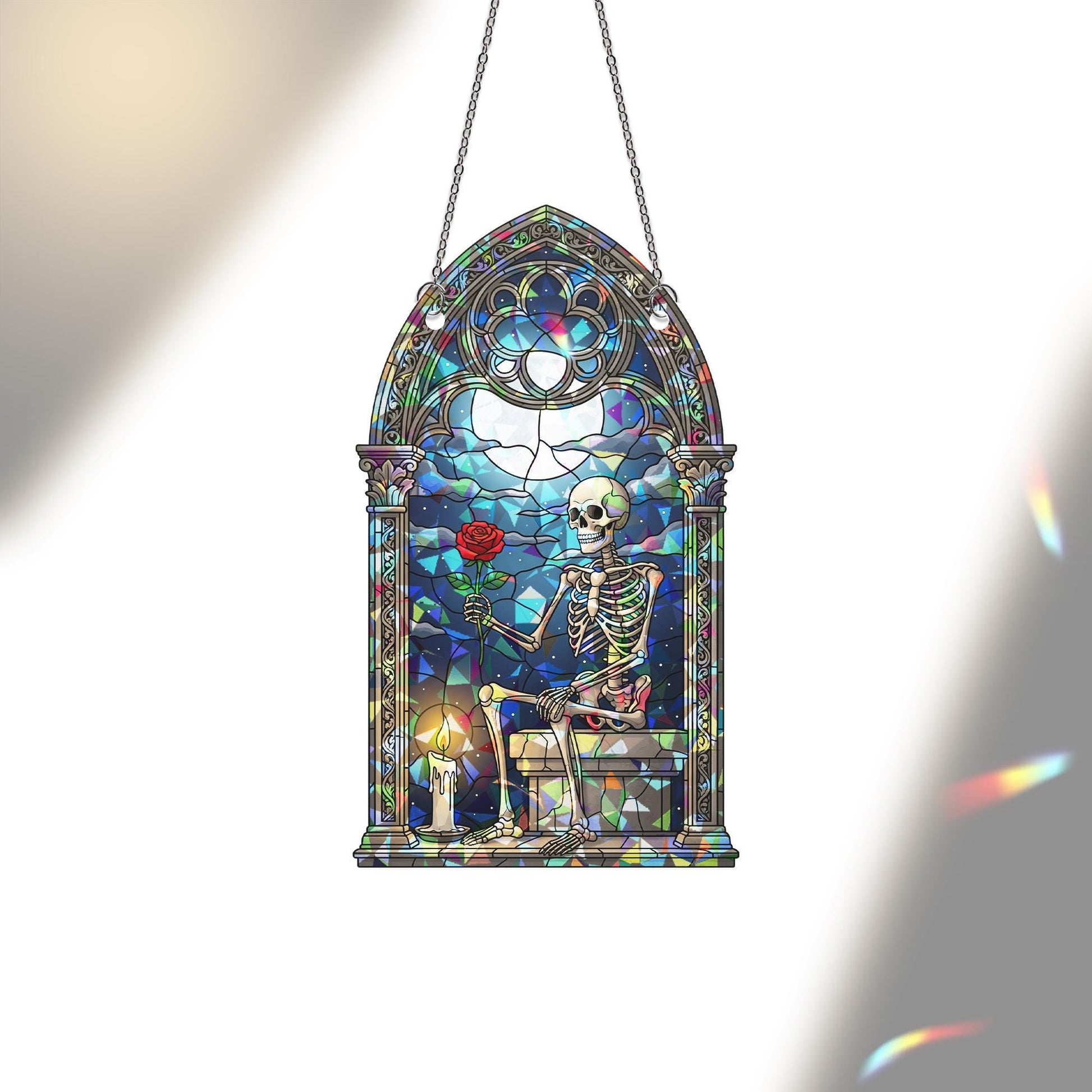 Gothic Skeleton Stained Glass SunCatcher, Rose Moon Window Decor, Romantic Spooky Art Gift