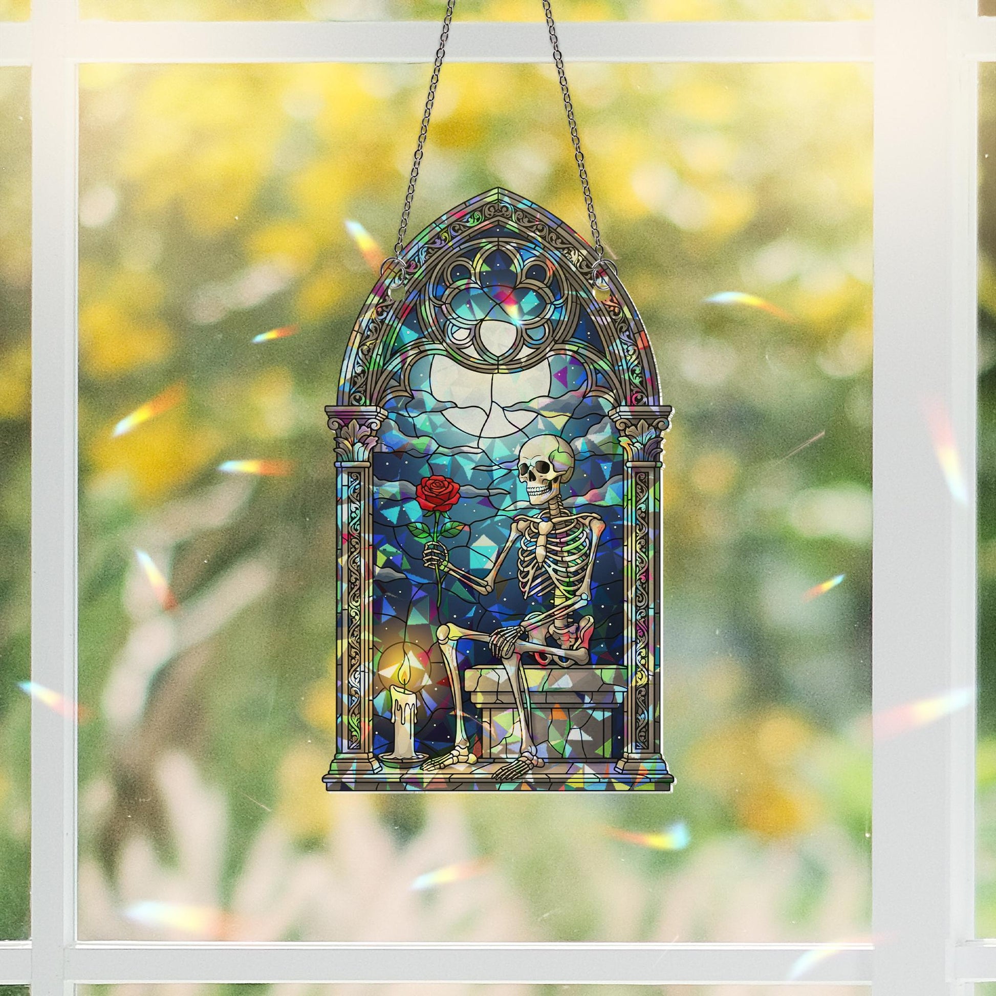 Gothic Skeleton Stained Glass SunCatcher, Rose Moon Window Decor, Romantic Spooky Art Gift