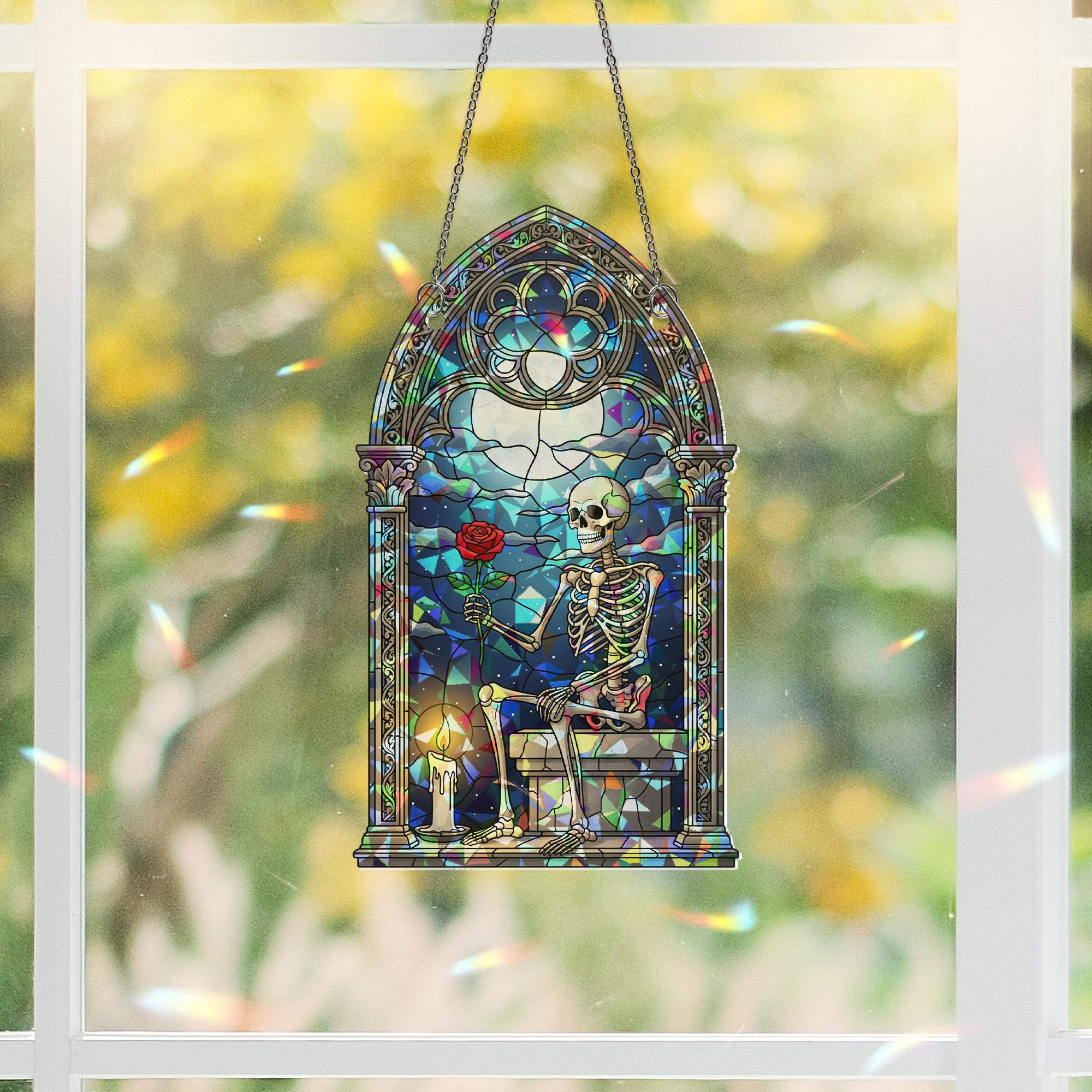 Gothic Skeleton Stained Glass SunCatcher, Rose Moon Window Decor, Romantic Spooky Art Gift