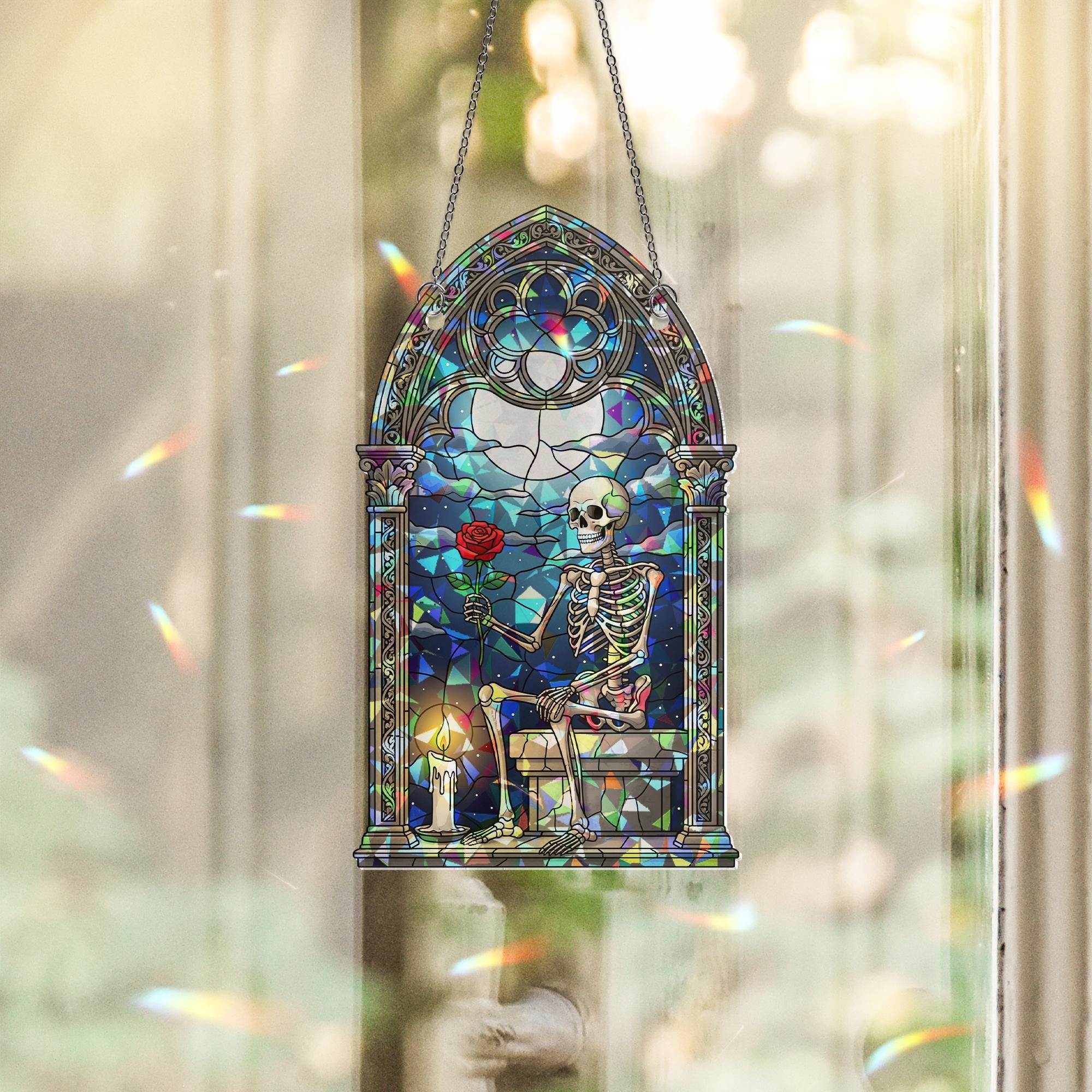 Gothic Skeleton Stained Glass SunCatcher, Rose Moon Window Decor, Romantic Spooky Art Gift