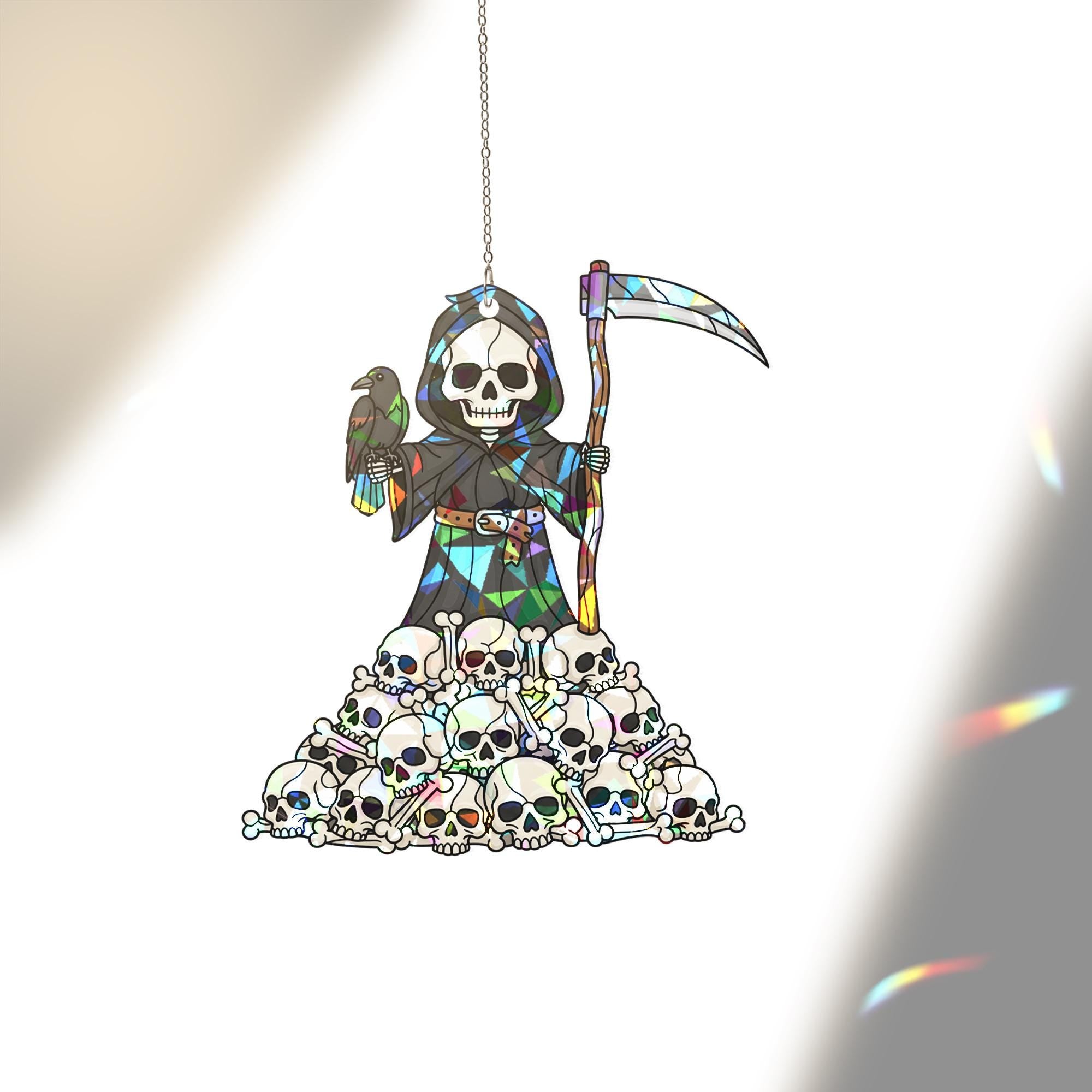 Grim Reaper Skull Pile Sun Catcher, Gothic Macabre Window Prism, Spooky Halloween Decor Gift