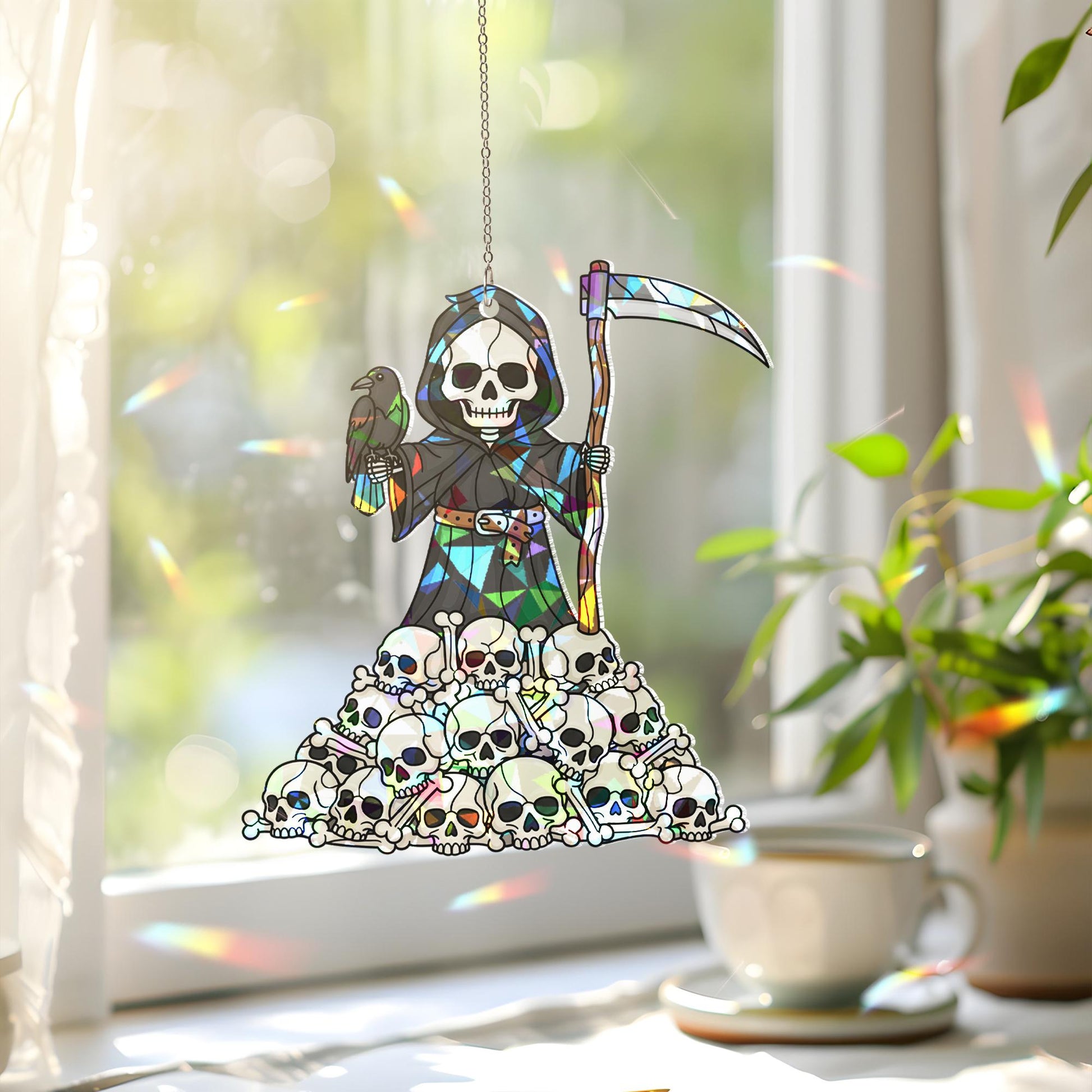 Grim Reaper Skull Pile Sun Catcher, Gothic Macabre Window Prism, Spooky Halloween Decor Gift