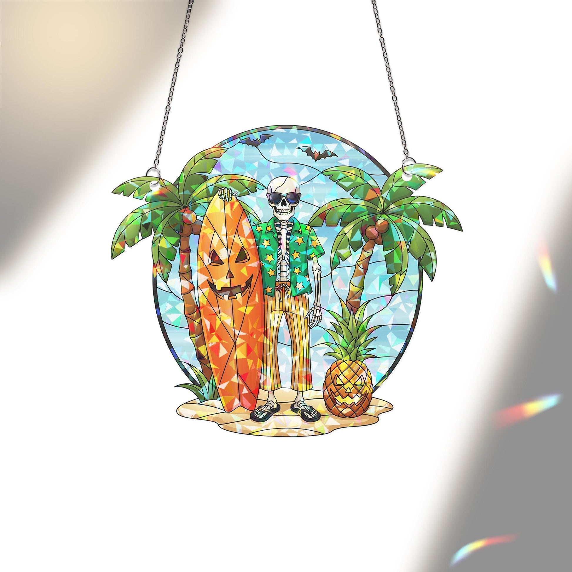 Halloween Surfer Skeleton Sun Catcher, Tropical Spooky Window Prism, Summer Goth Beach Decor Gift