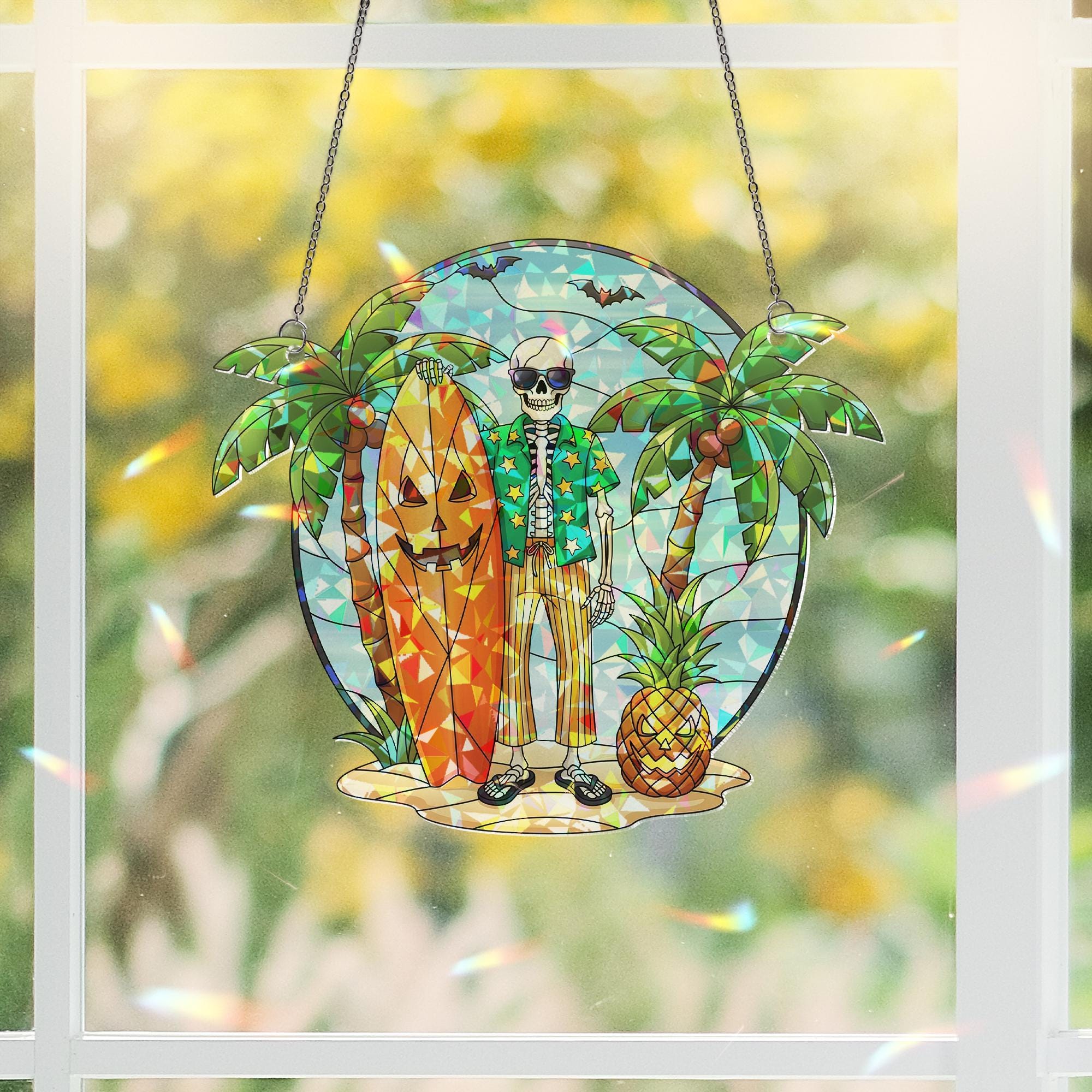 Halloween Surfer Skeleton Sun Catcher, Tropical Spooky Window Prism, Summer Goth Beach Decor Gift