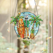 Halloween Surfer Skeleton Suncatcher, Tropical Spooky Window Prism, Summer Goth Beach Decor Gift