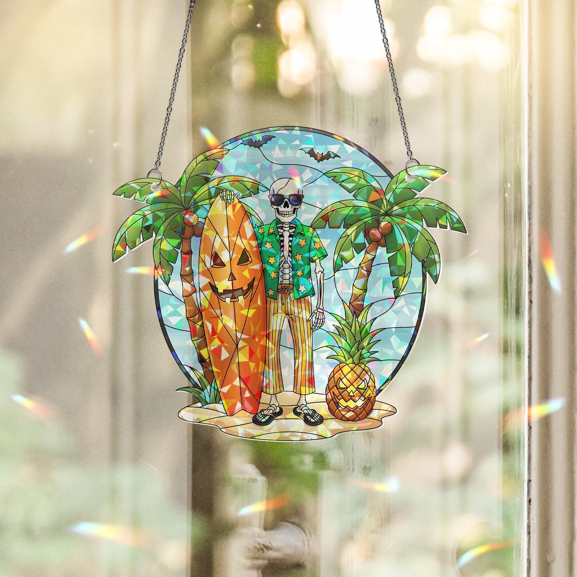 Halloween Surfer Skeleton Suncatcher, Tropical Spooky Window Prism, Summer Goth Beach Decor Gift