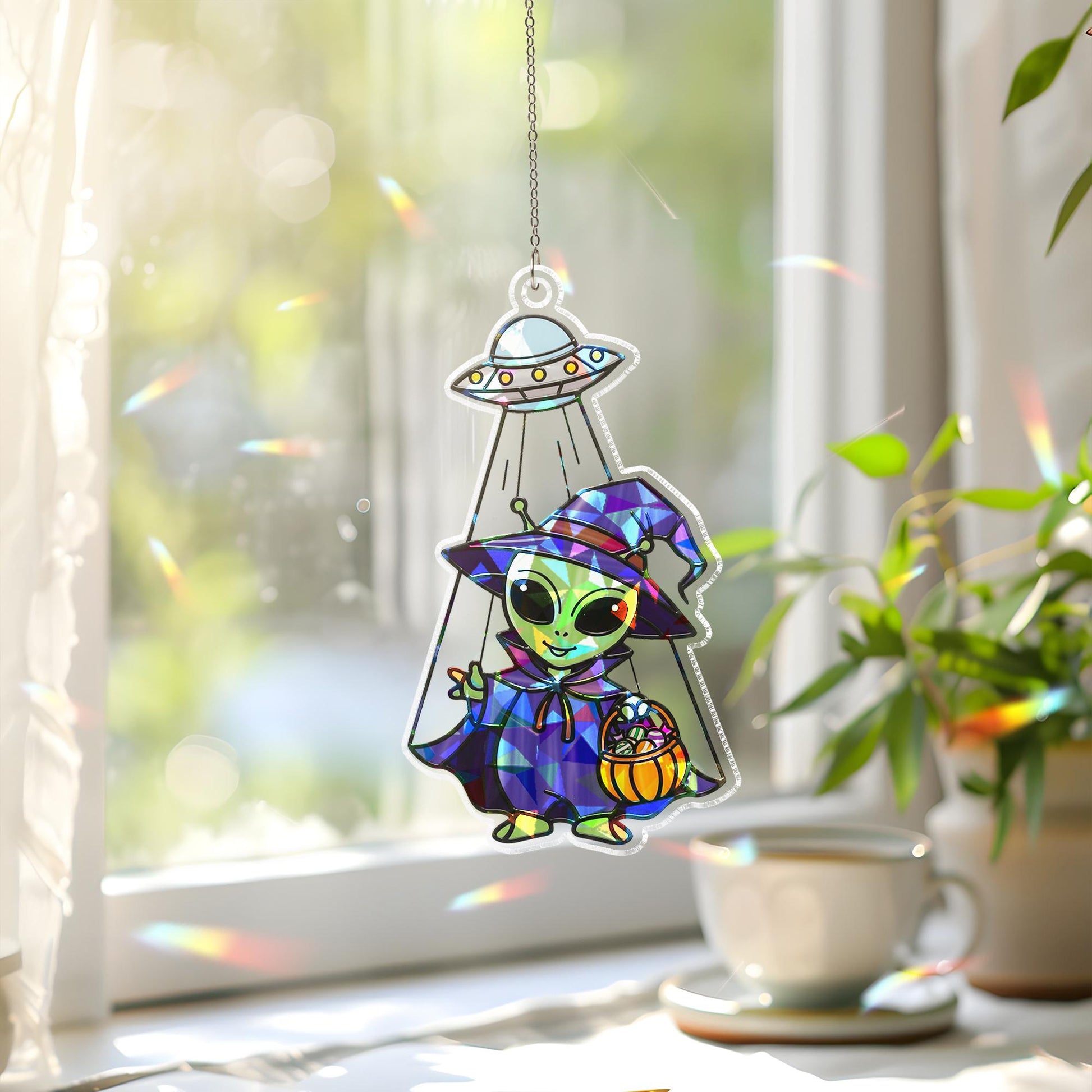 Alien Witch Sun Catcher, UFO Halloween Window Prism, Spooky Kawaii Home Decor Gift