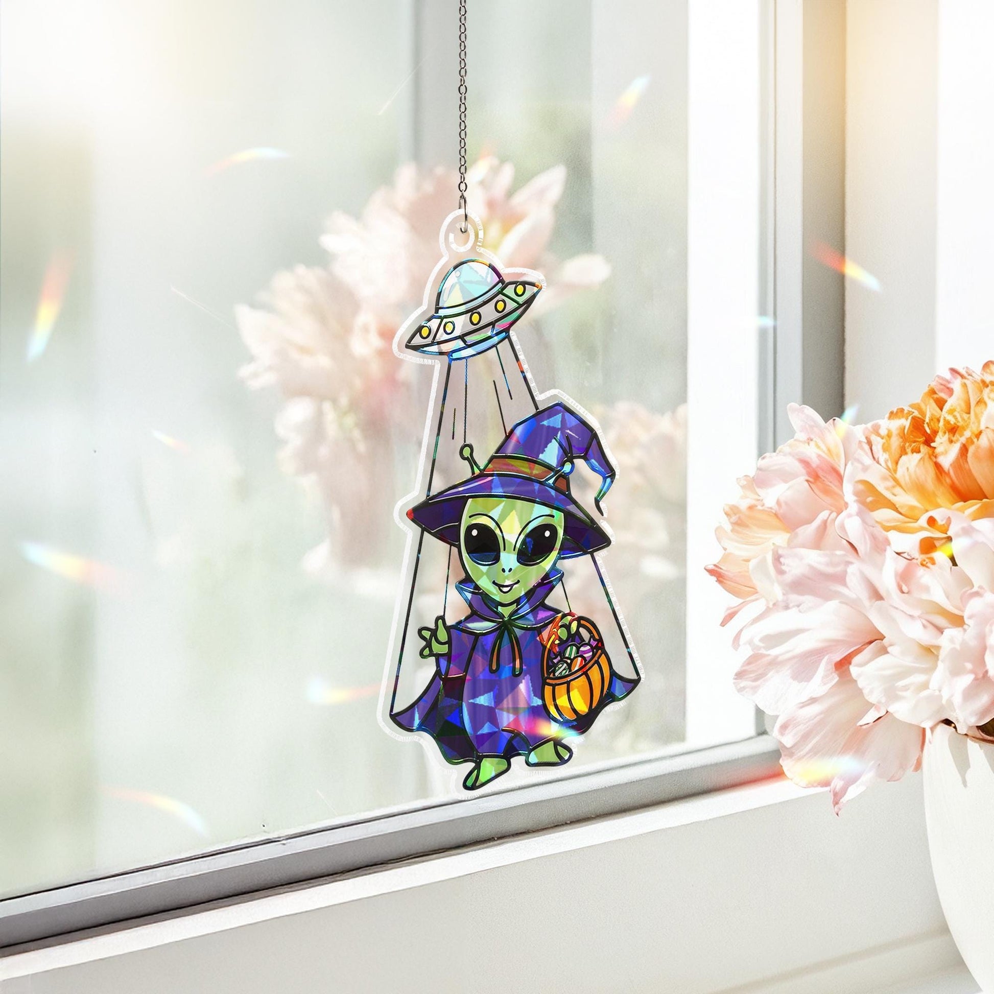 Alien Witch Sun Catcher, UFO Halloween Window Prism, Spooky Kawaii Home Decor Gift
