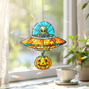 Halloween Alien UFO Suncatcher, Pumpkin Flying Saucer Window Decor, Spooky Sci-Fi Gift
