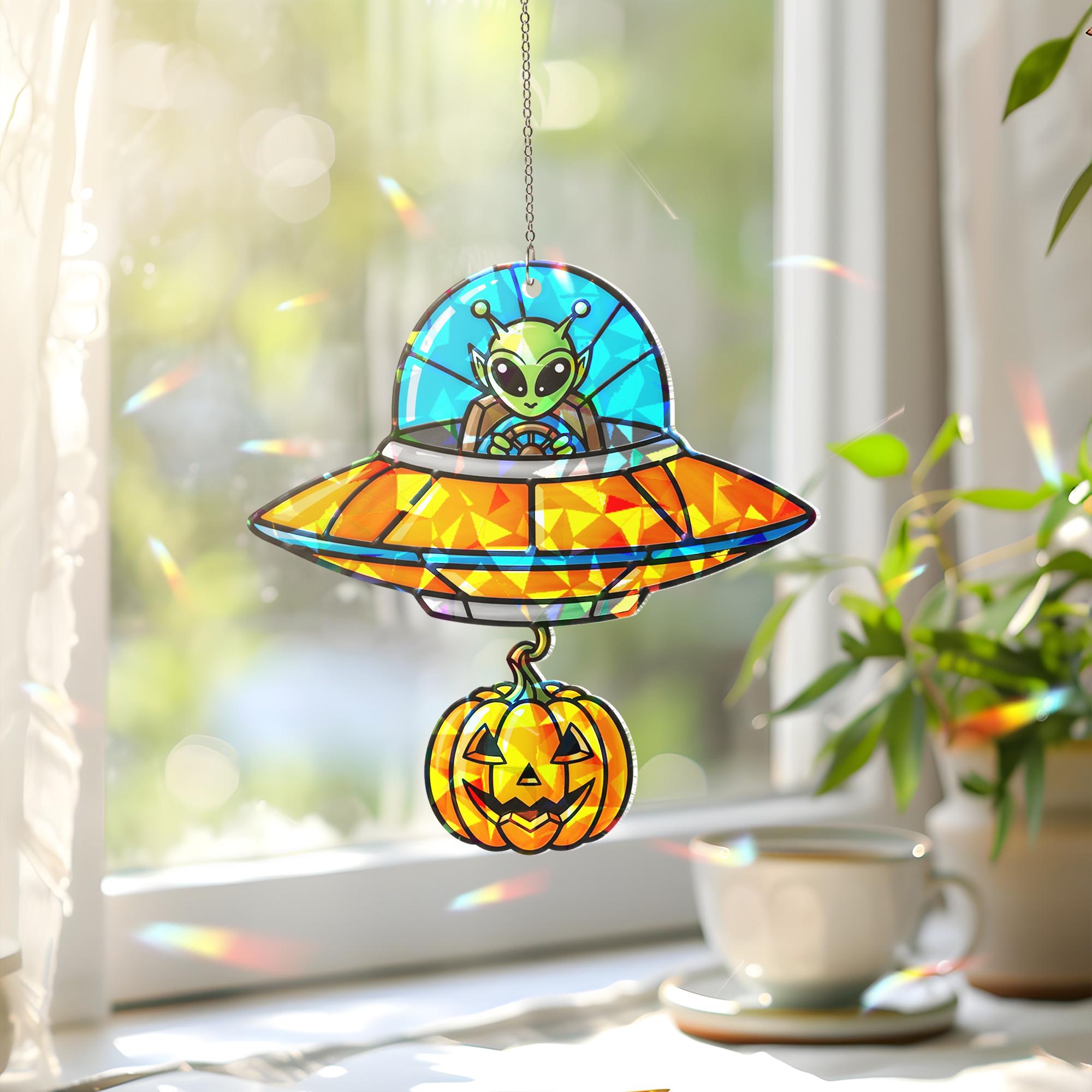 Halloween Alien UFO Suncatcher, Pumpkin Flying Saucer Window Decor, Spooky Sci-Fi Gift