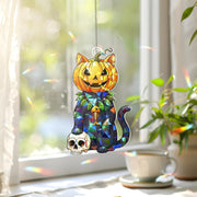 Halloween Pumpkin Cat Suncatcher, Black Cat Skull Window Decor, Spooky Pet Lover Gift