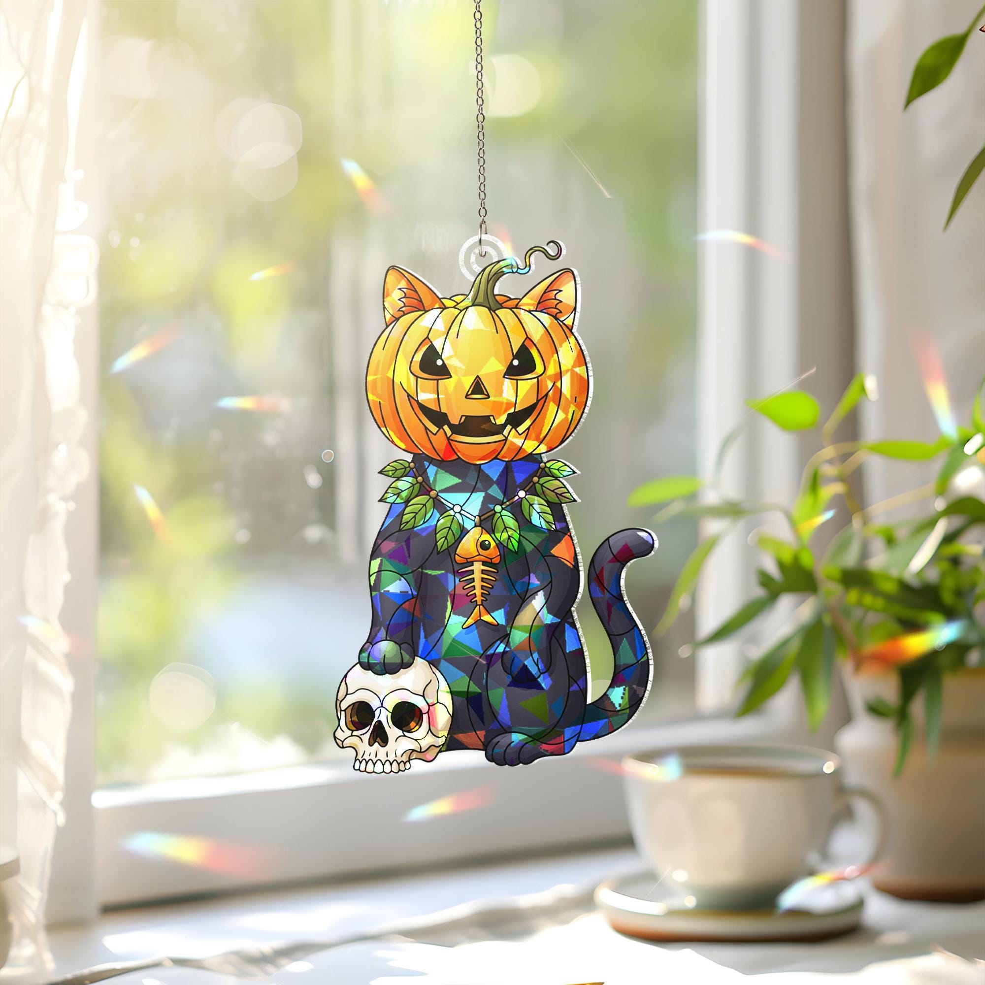 Halloween Pumpkin Cat Suncatcher, Black Cat Skull Window Decor, Spooky Pet Lover Gift