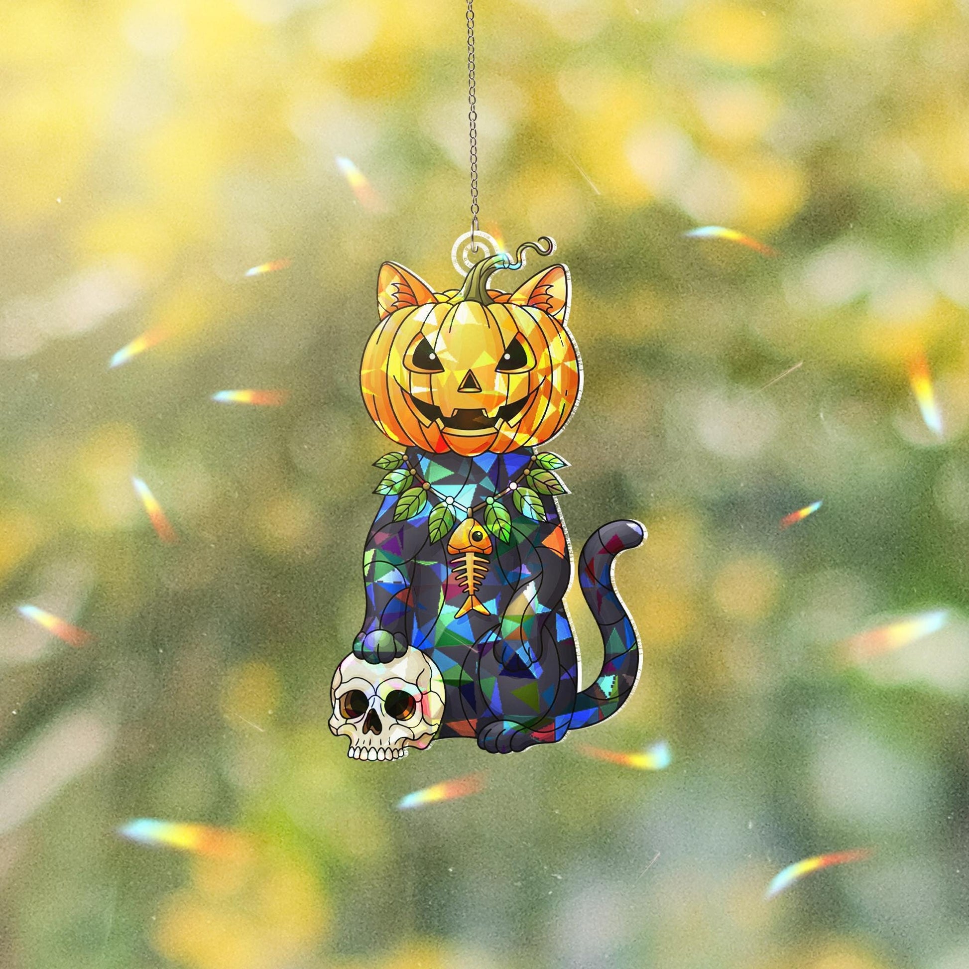 Halloween Pumpkin Cat Sun Catcher, Black Cat Skull Window Decor, Spooky Pet Lover Gift