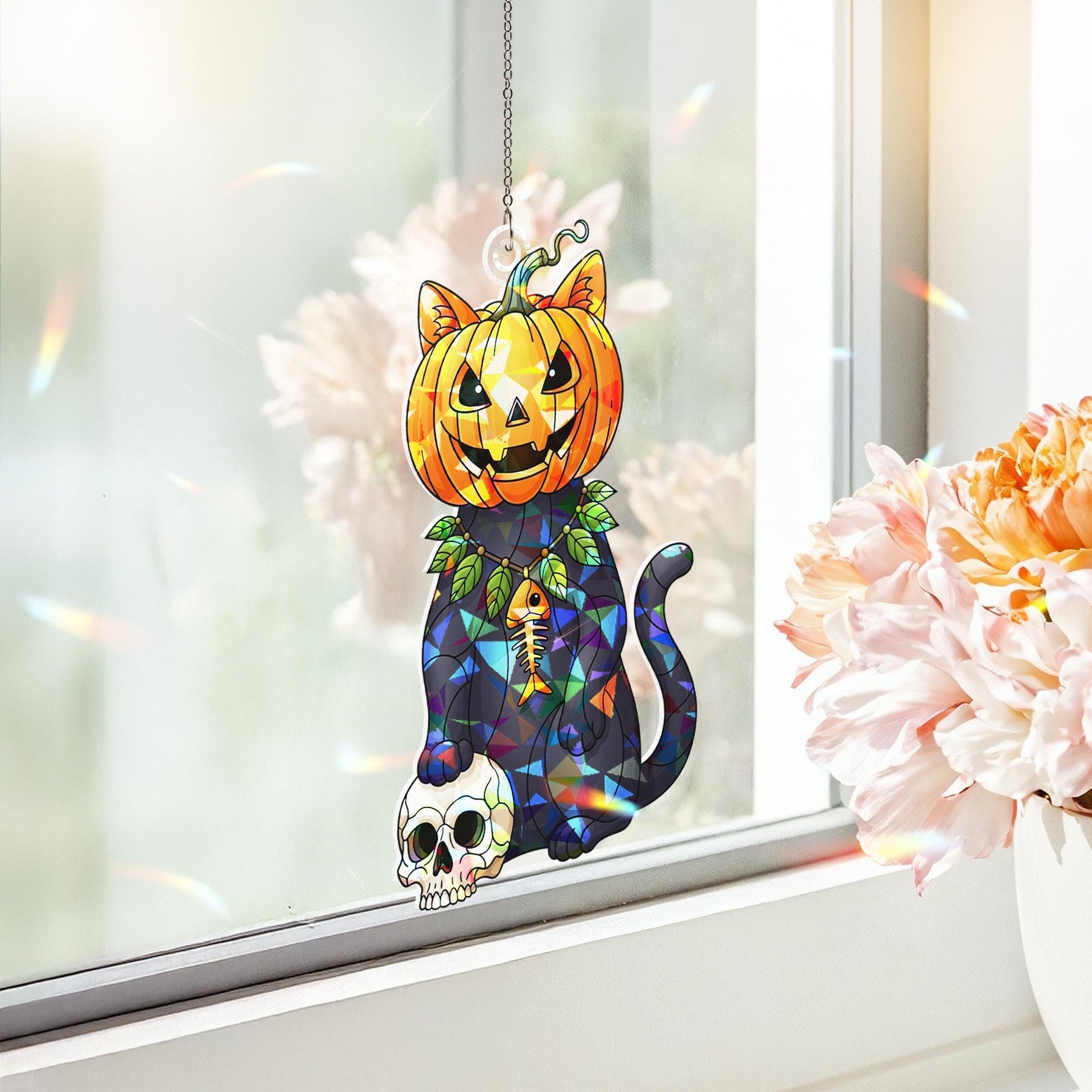 Halloween Pumpkin Cat Sun Catcher, Black Cat Skull Window Decor, Spooky Pet Lover Gift