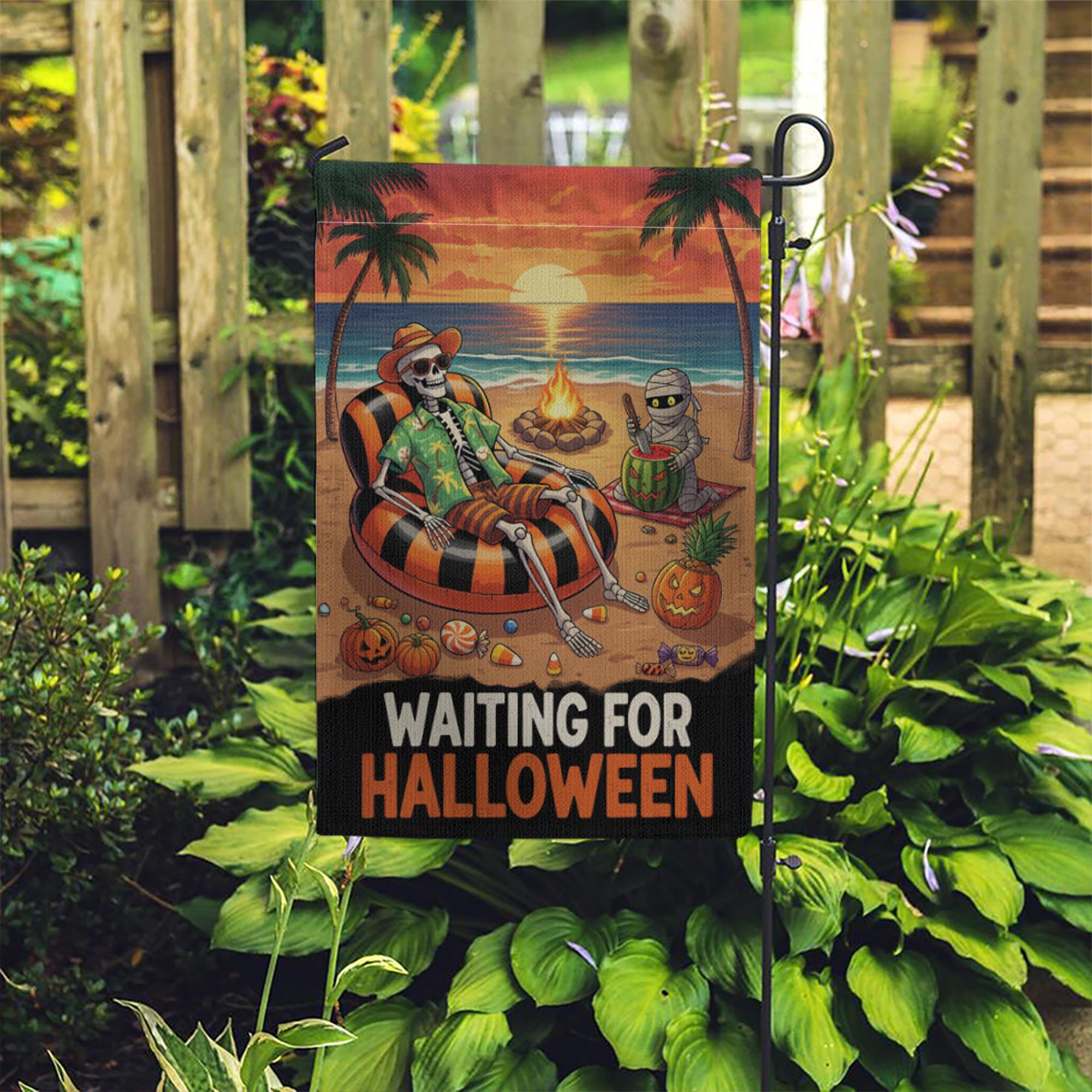 Waiting for Halloween Garden Flag, Spooky Beach Skeleton Yard Decor, Summer Halloween Outdoor Banner