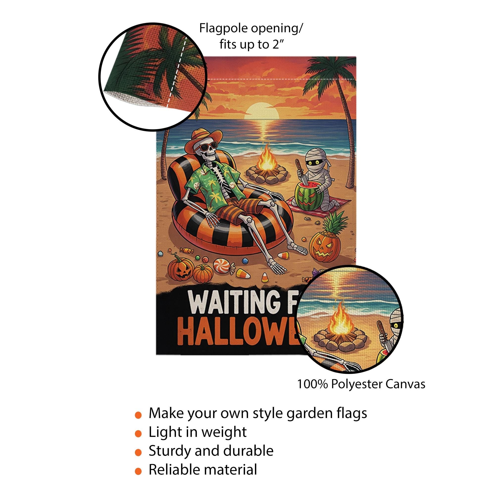 Waiting for Halloween Garden Flag, Spooky Beach Skeleton Yard Decor, Summer Halloween Outdoor Banner