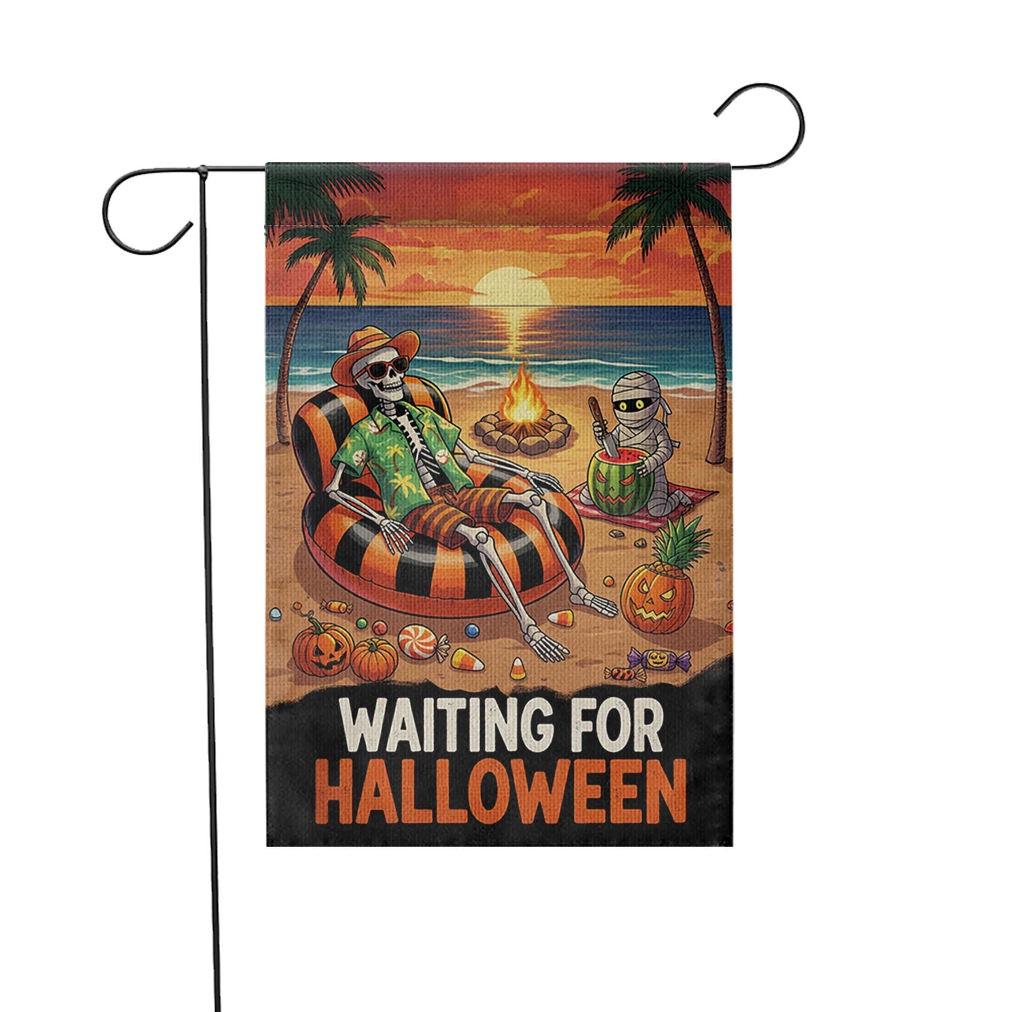 Waiting for Halloween Garden Flag, Spooky Beach Skeleton Yard Decor, Summer Halloween Outdoor Banner