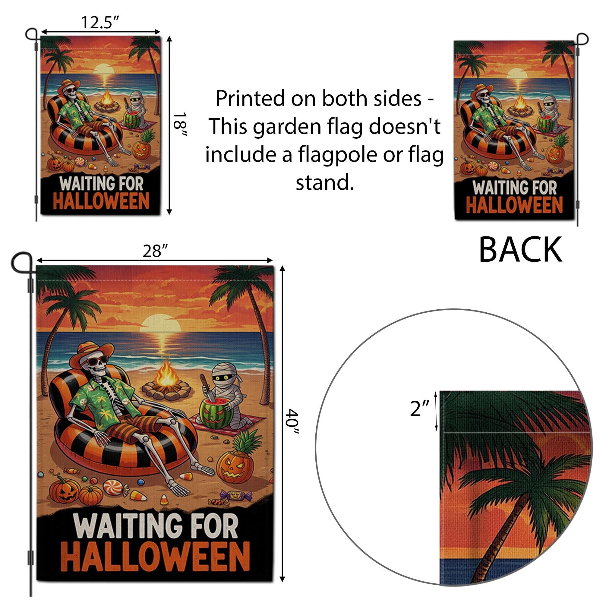 Waiting for Halloween Garden Flag, Spooky Beach Skeleton Yard Decor, Summer Halloween Outdoor Banner