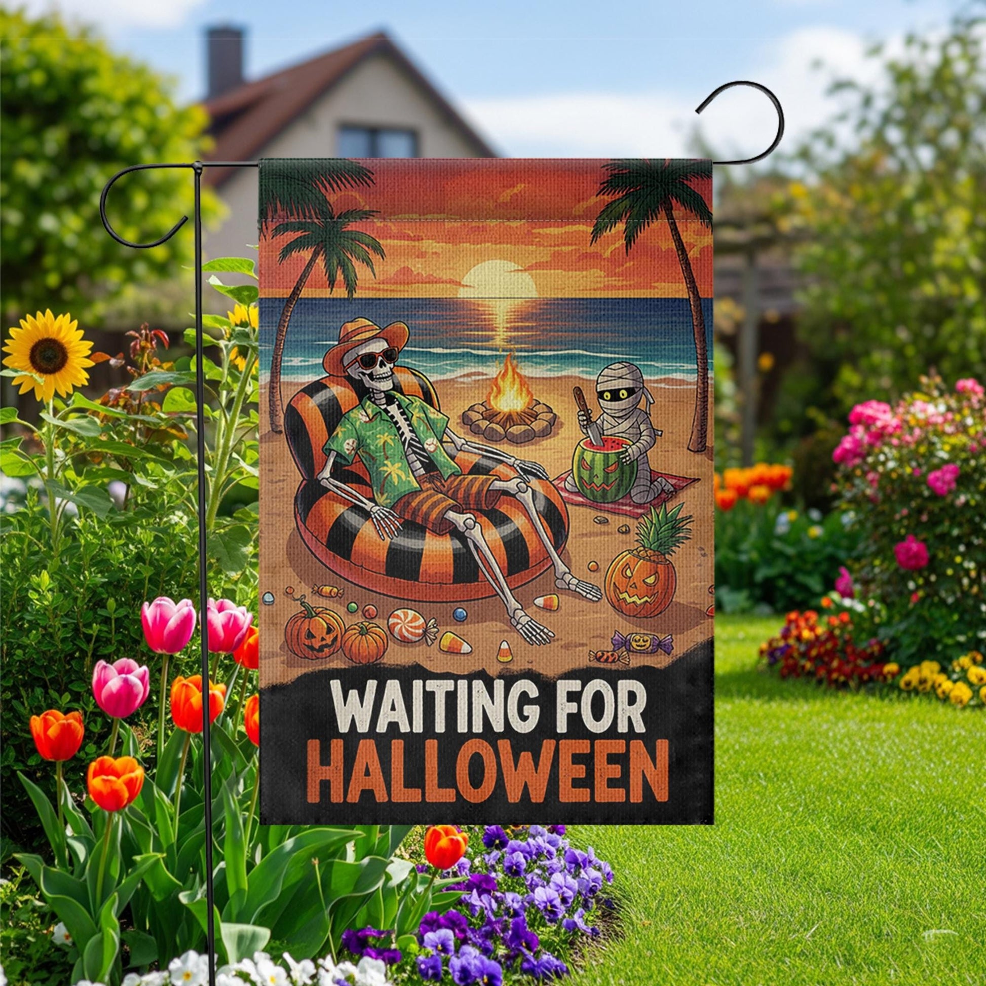 Waiting for Halloween Garden Flag, Spooky Beach Skeleton Yard Decor, Summer Halloween Outdoor Banner