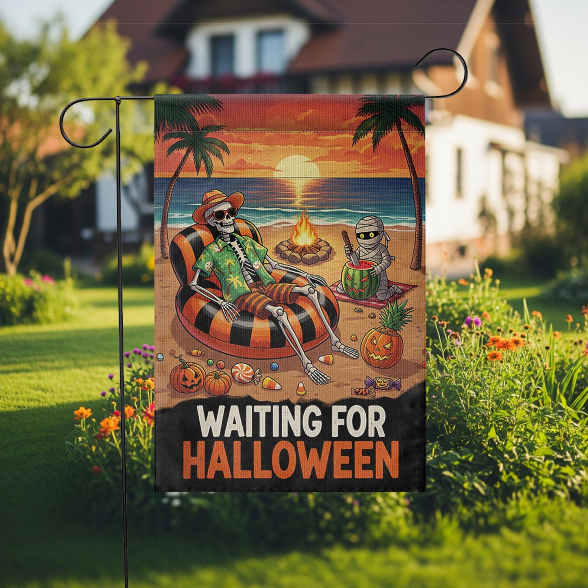 Waiting for Halloween Garden Flag, Spooky Beach Skeleton Yard Decor, Summer Halloween Outdoor Banner