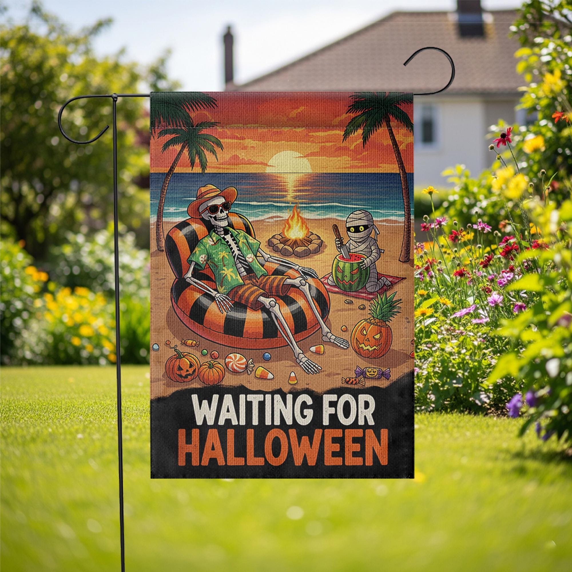 Waiting for Halloween Garden Flag, Spooky Beach Skeleton Yard Decor, Summer Halloween Outdoor Banner