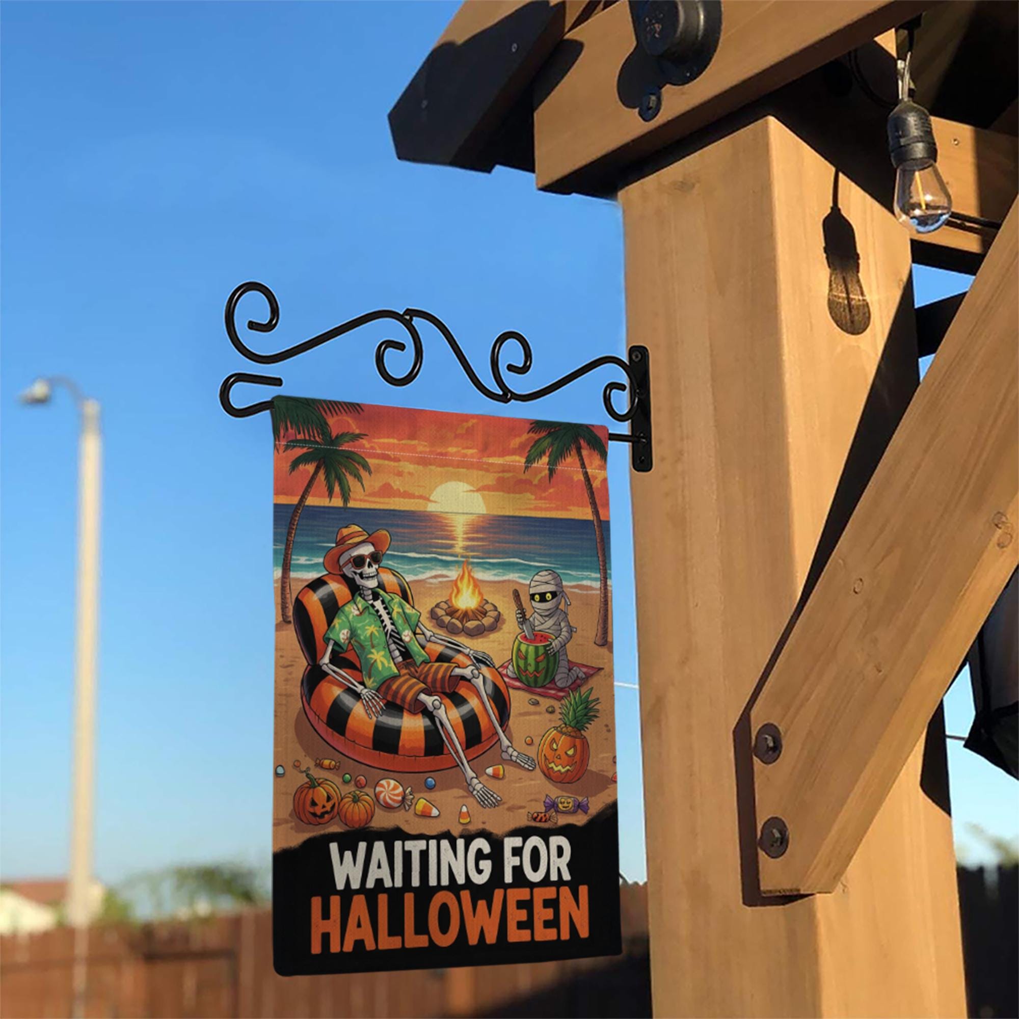Waiting for Halloween Garden Flag, Spooky Beach Skeleton Yard Decor, Summer Halloween Outdoor Banner