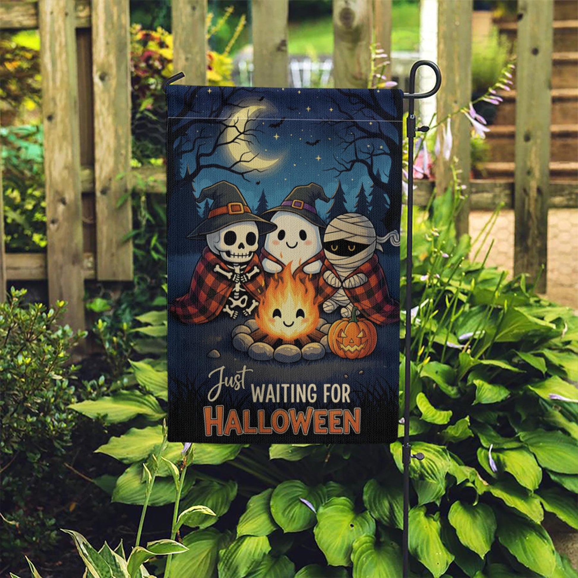 Cute Halloween Garden Flag, Spooky Friends Campfire Yard Decor, Just Waiting for Halloween Banner