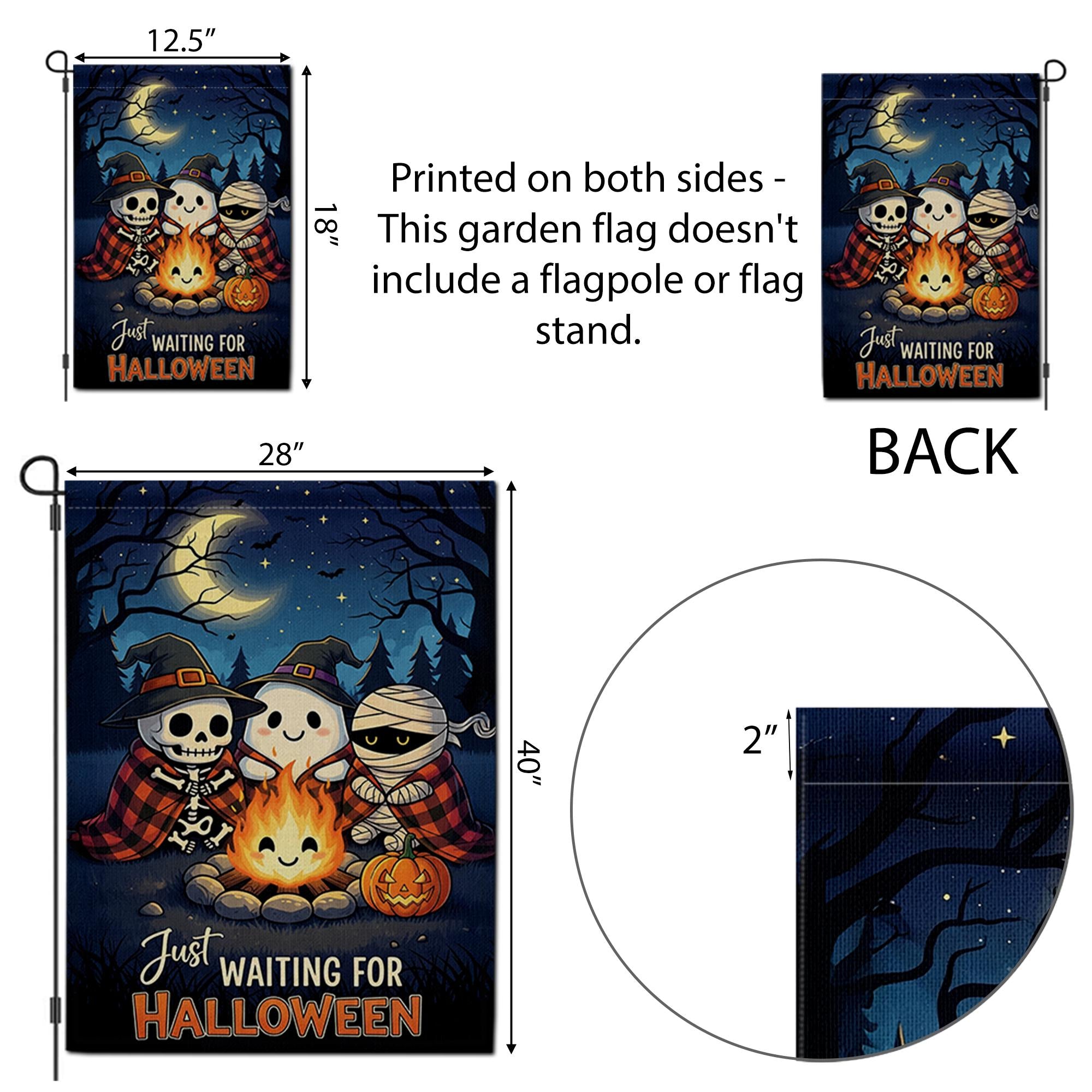 Cute Halloween Garden Flag, Spooky Friends Campfire Yard Decor, Just Waiting for Halloween Banner