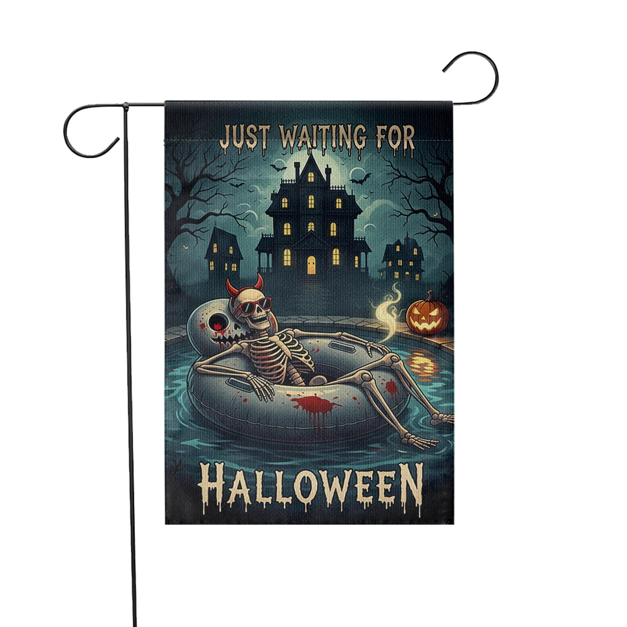 Spooky Pool Skeleton Garden Flag, Haunted House Halloween Yard Decor, Just Waiting for Halloween