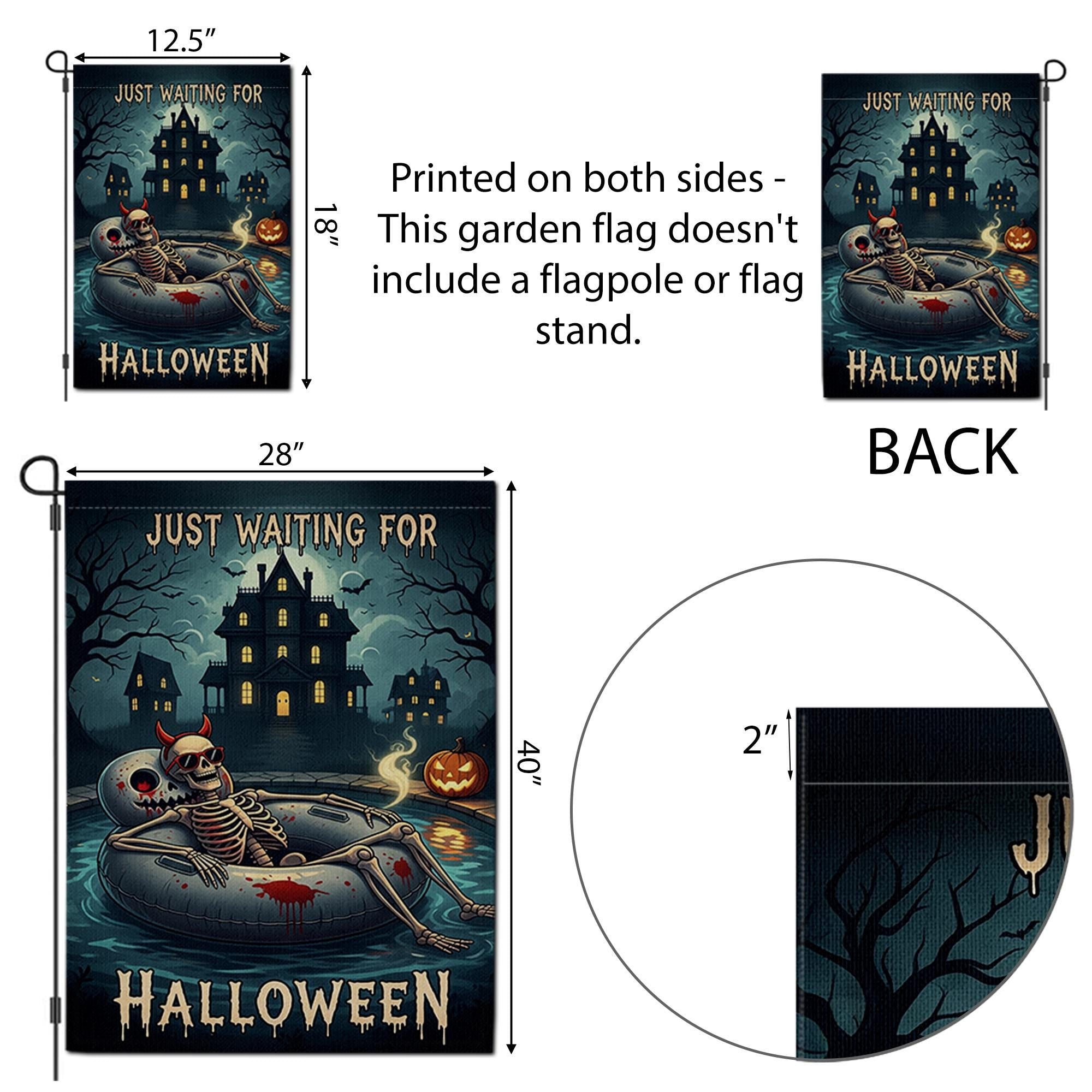 Spooky Pool Skeleton Garden Flag, Haunted House Halloween Yard Decor, Just Waiting for Halloween