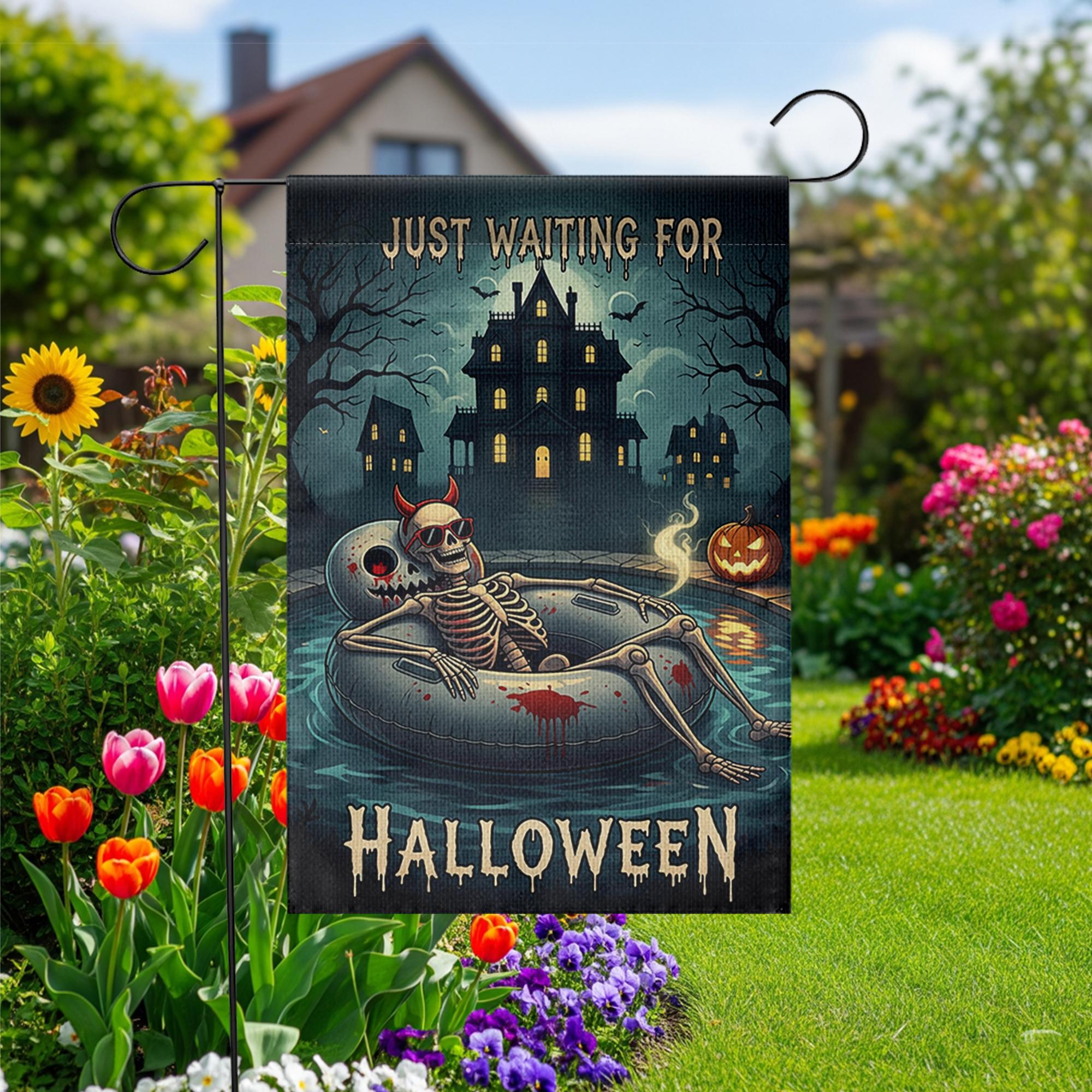 Spooky Pool Skeleton Garden Flag, Haunted House Halloween Yard Decor, Just Waiting for Halloween