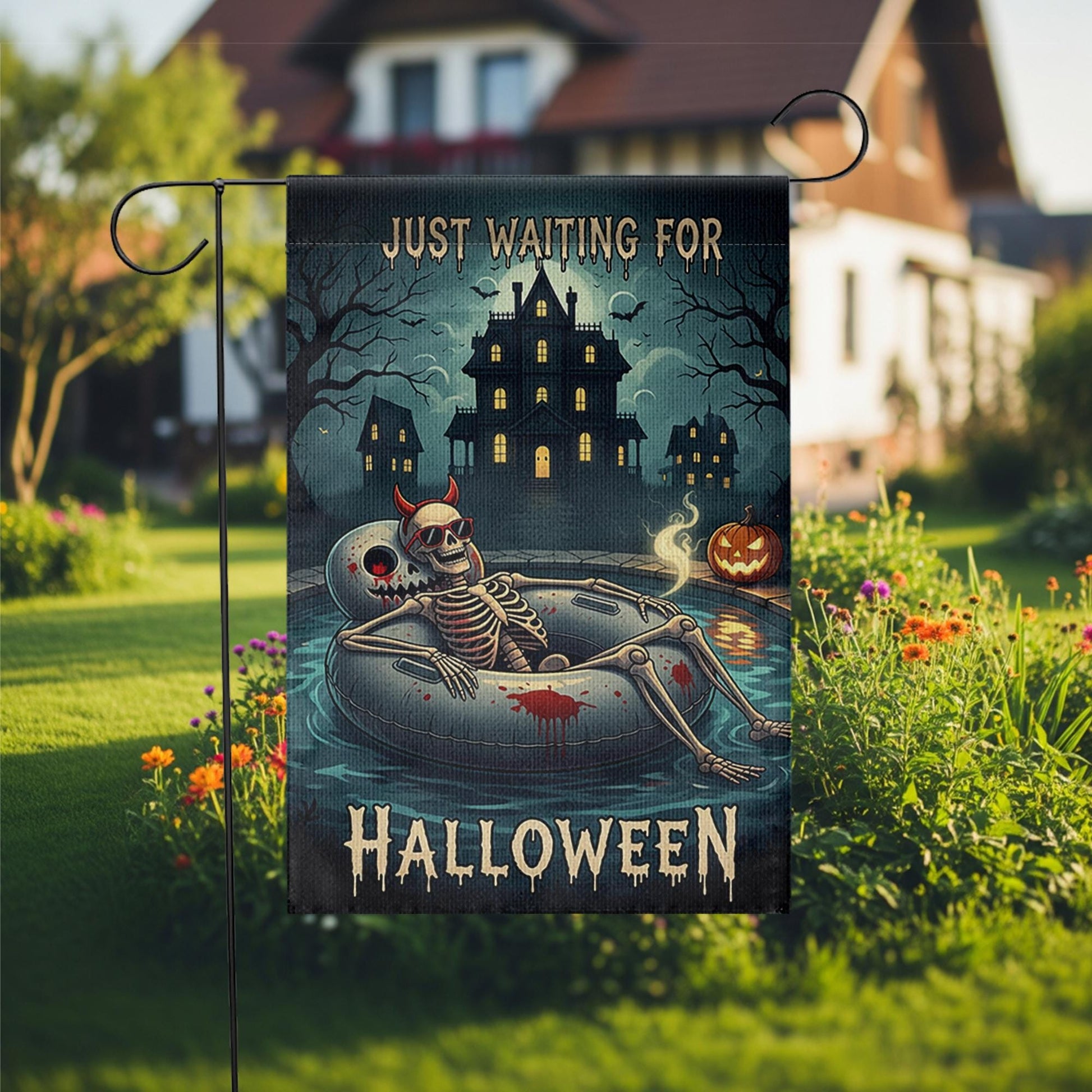 Spooky Pool Skeleton Garden Flag, Haunted House Halloween Yard Decor, Just Waiting for Halloween