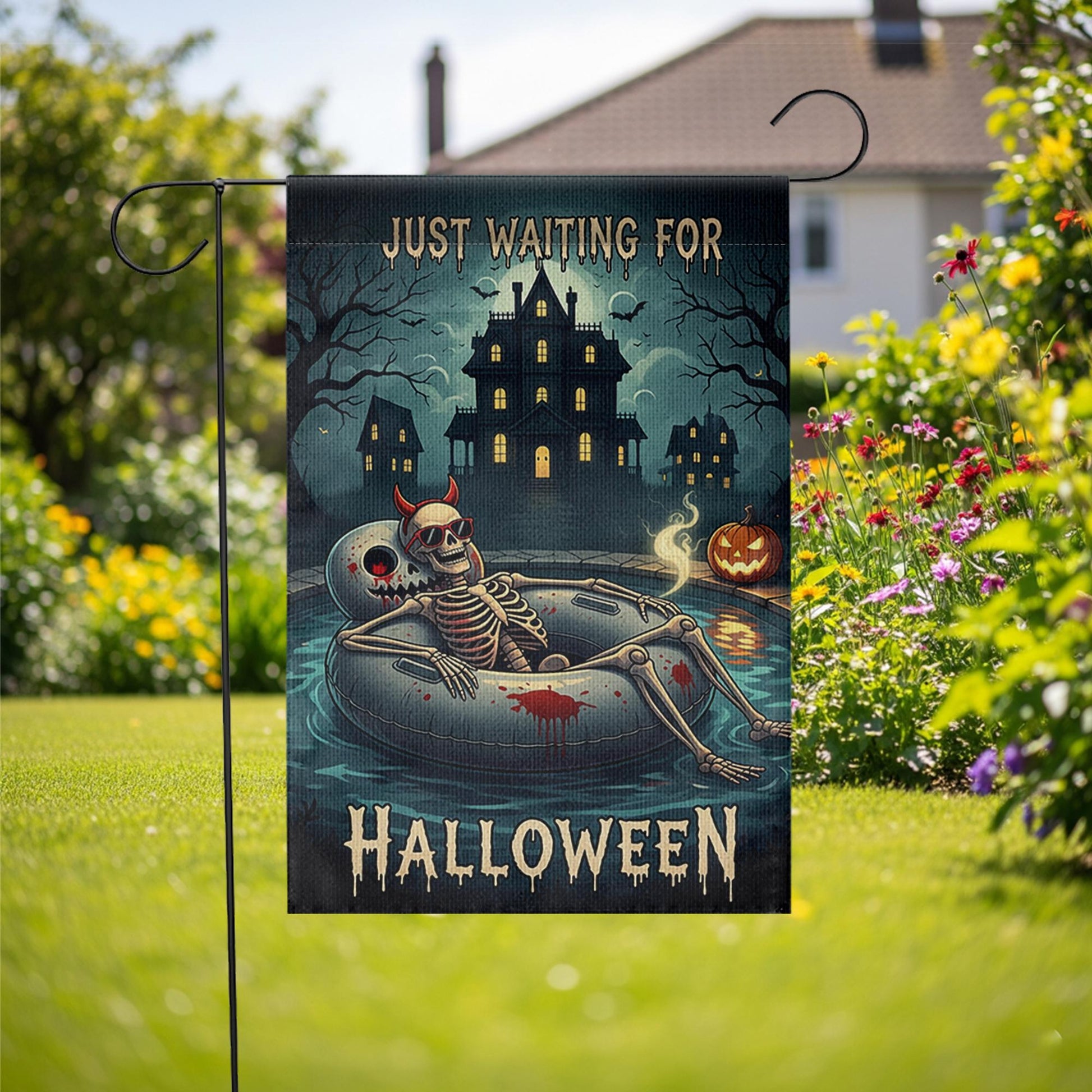 Spooky Pool Skeleton Garden Flag, Haunted House Halloween Yard Decor, Just Waiting for Halloween
