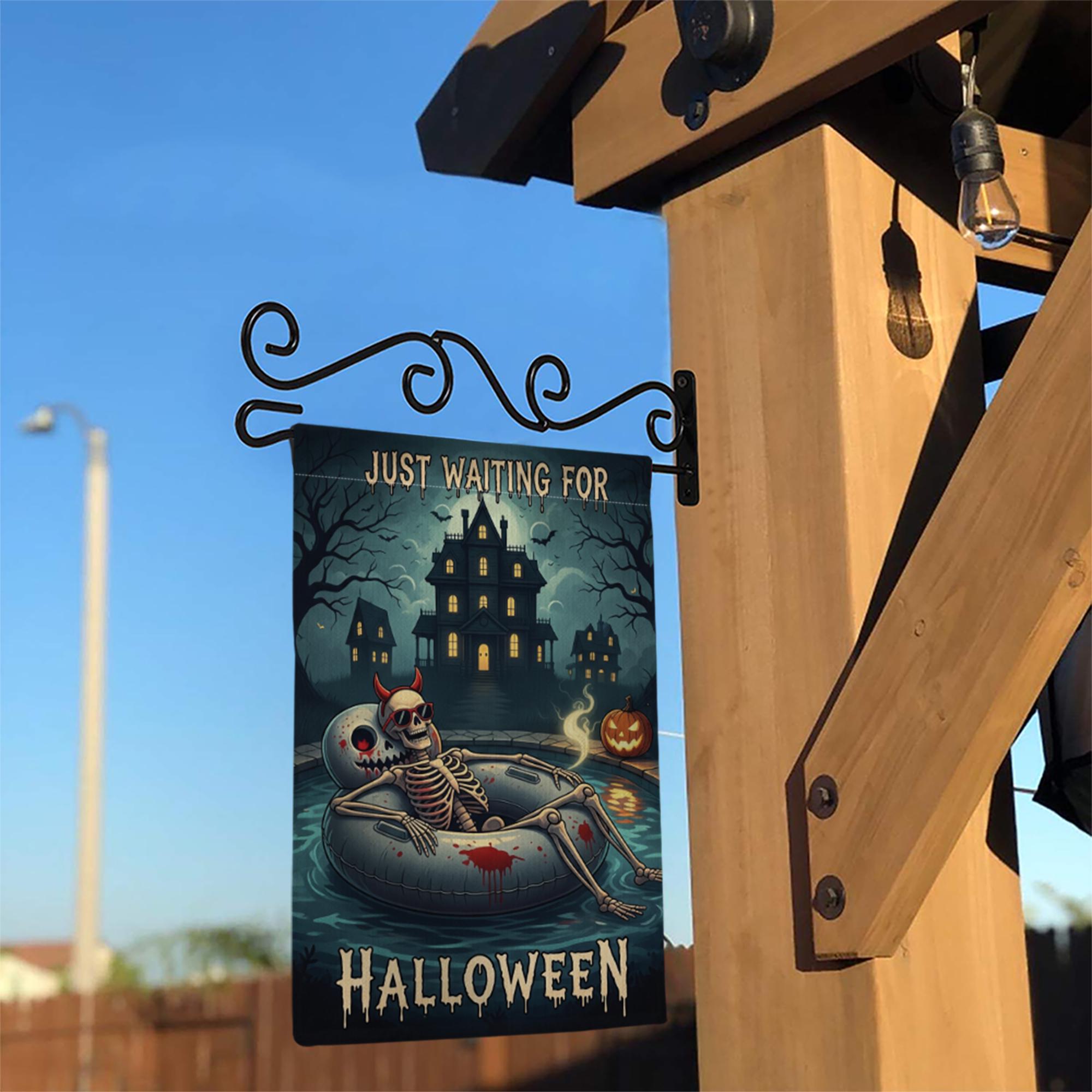 Spooky Pool Skeleton Garden Flag, Haunted House Halloween Yard Decor, Just Waiting for Halloween