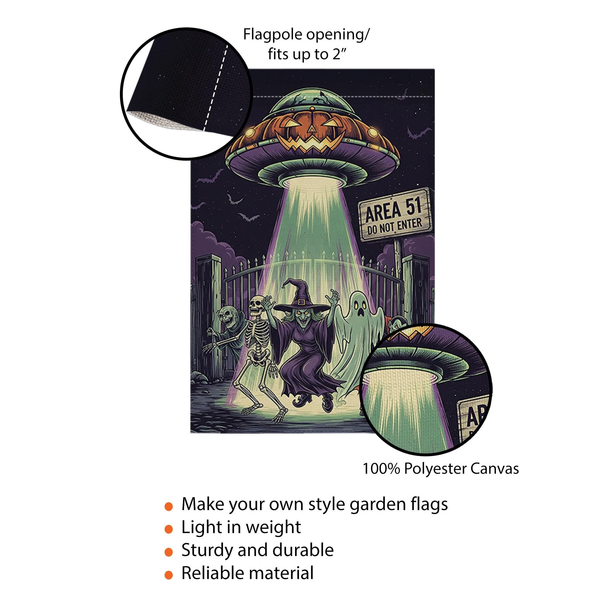 Area 51 Halloween Garden Flag, Alien UFO Spooky Yard Decor, Skeleton Ghost Vampire Banner