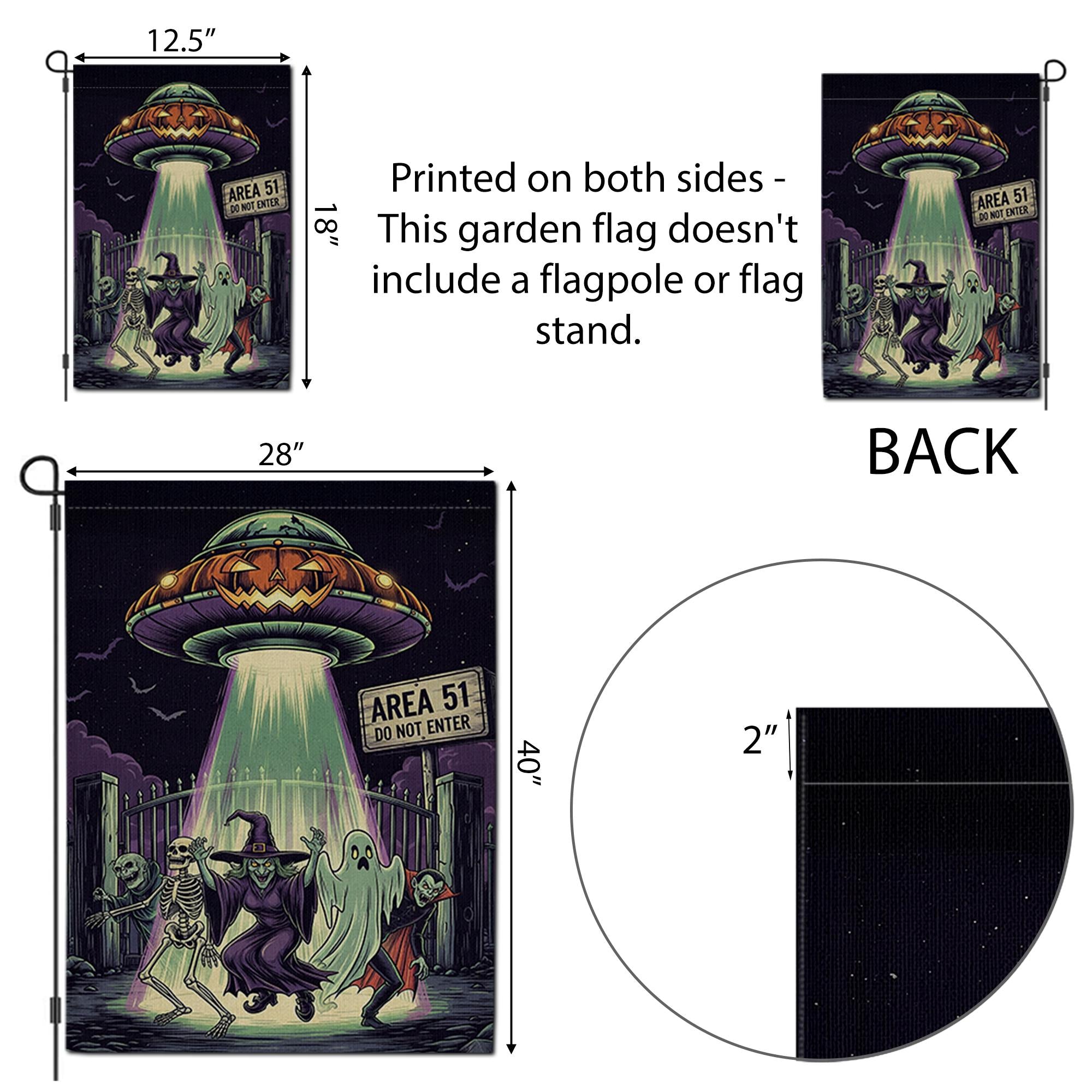 Area 51 Halloween Garden Flag, Alien UFO Spooky Yard Decor, Skeleton Ghost Vampire Banner