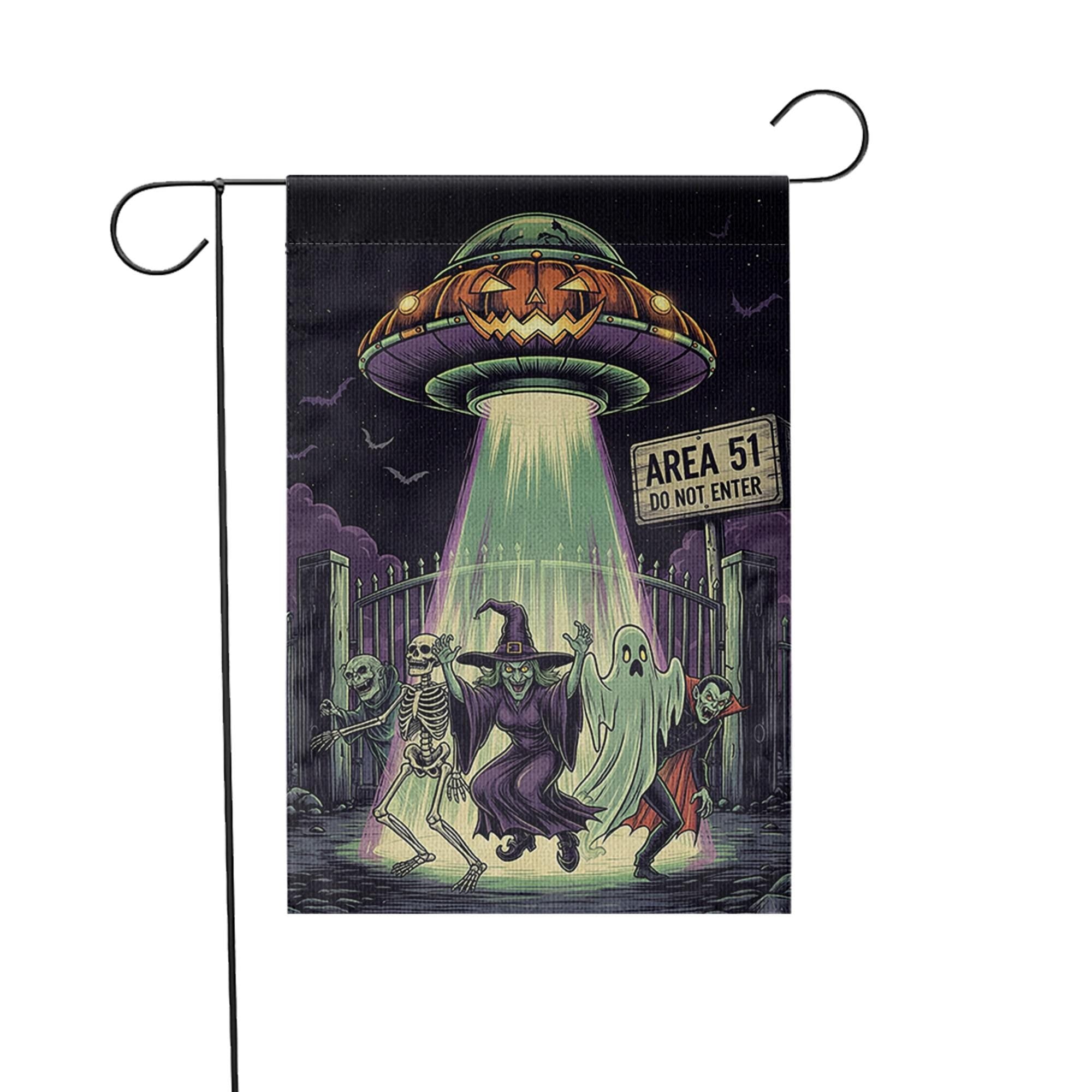 Area 51 Halloween Garden Flag, Alien UFO Spooky Yard Decor, Skeleton Ghost Vampire Banner
