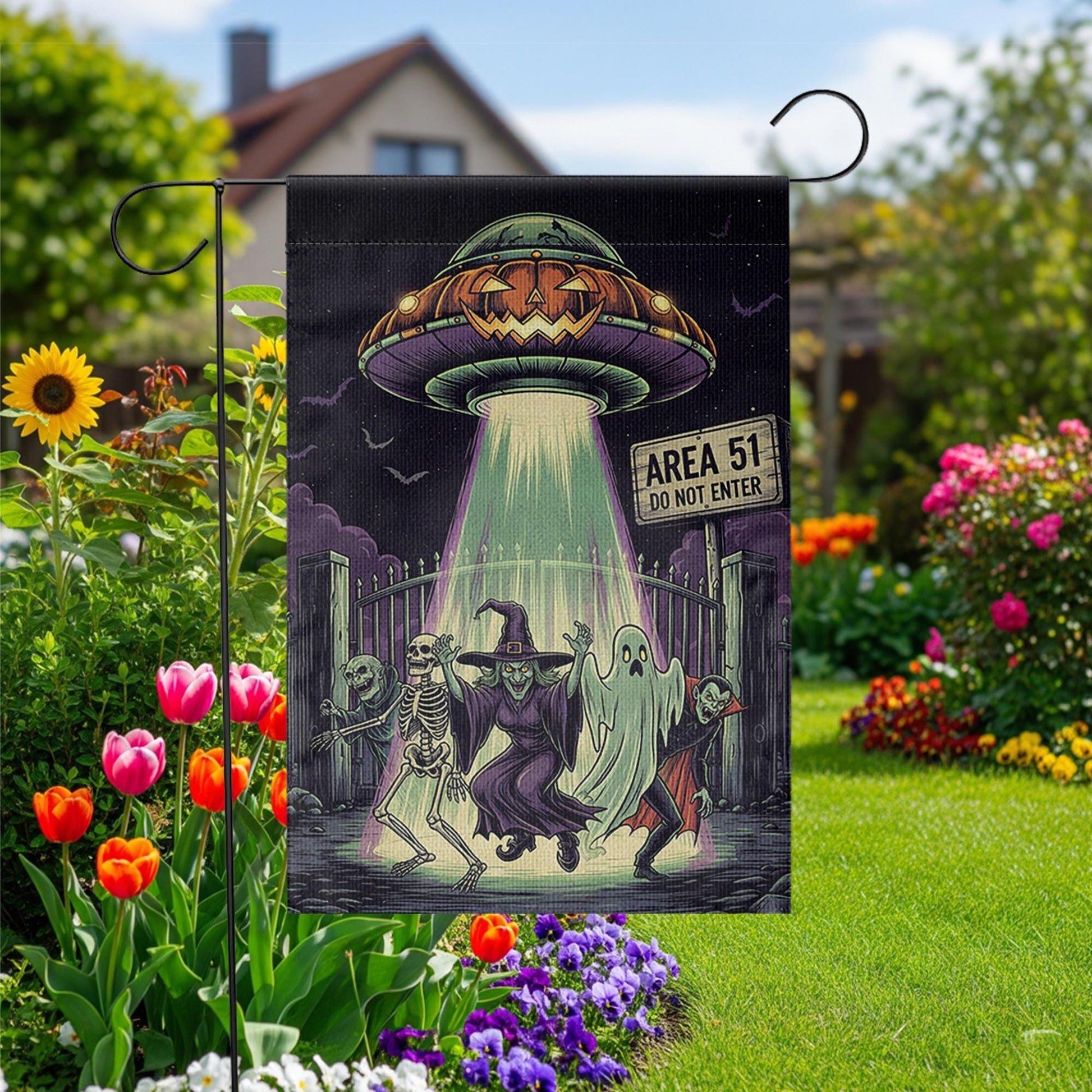 Area 51 Halloween Garden Flag, Alien UFO Spooky Yard Decor, Skeleton Ghost Vampire Banner
