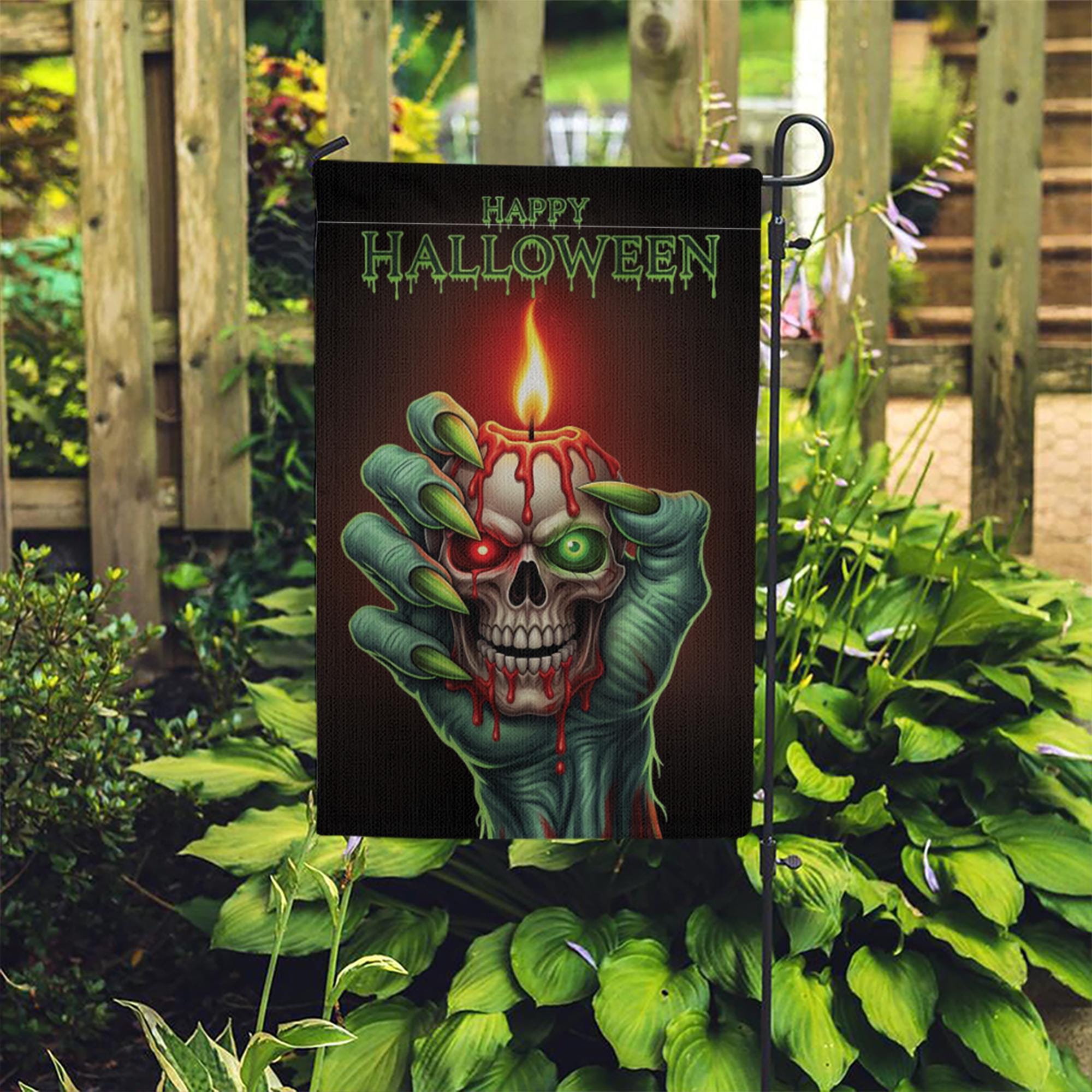 Spooky Skull Candle Garden Flag, Happy Halloween Zombie Hand Yard Decor, Gothic Outdoor Banner