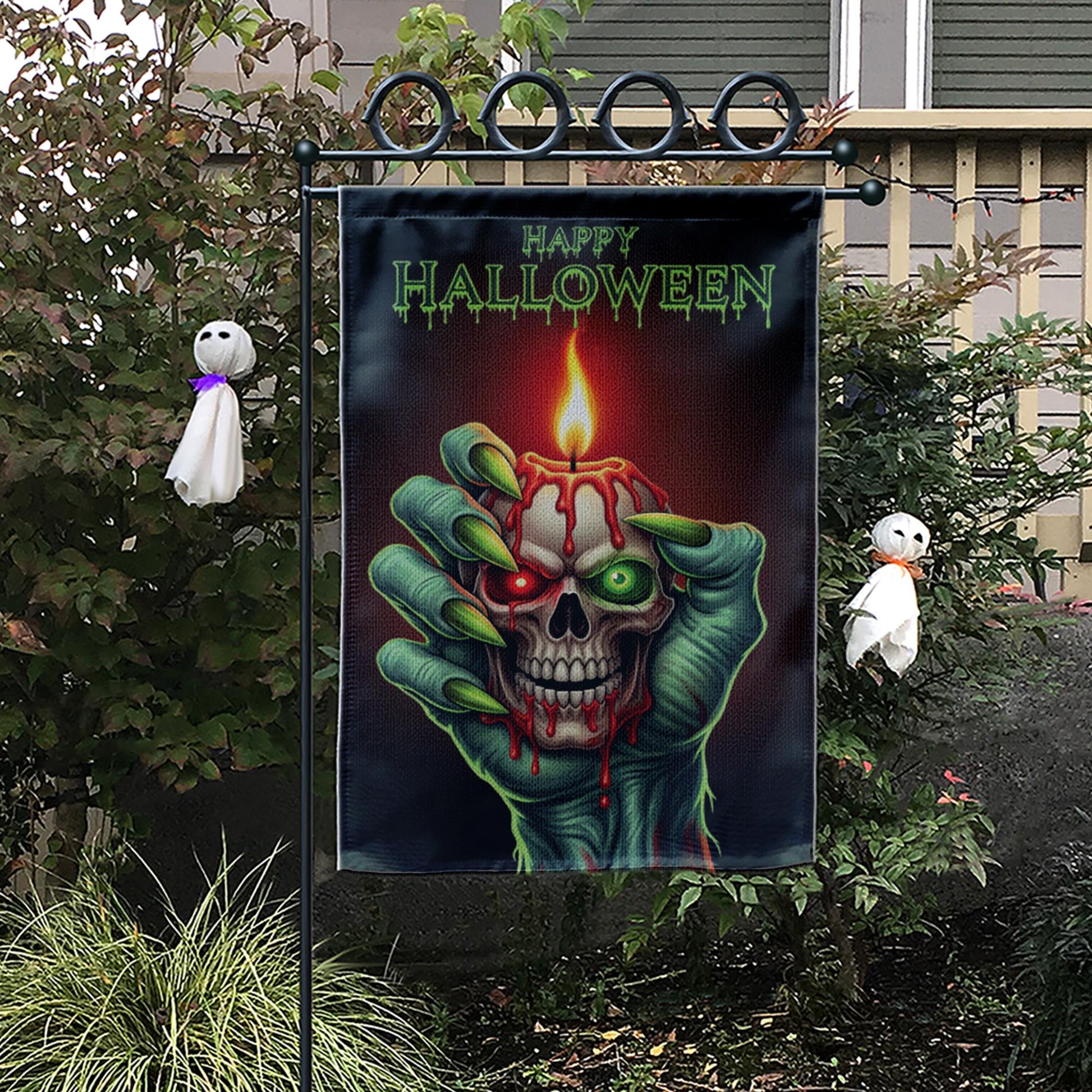 Spooky Skull Candle Garden Flag, Happy Halloween Zombie Hand Yard Decor, Gothic Outdoor Banner