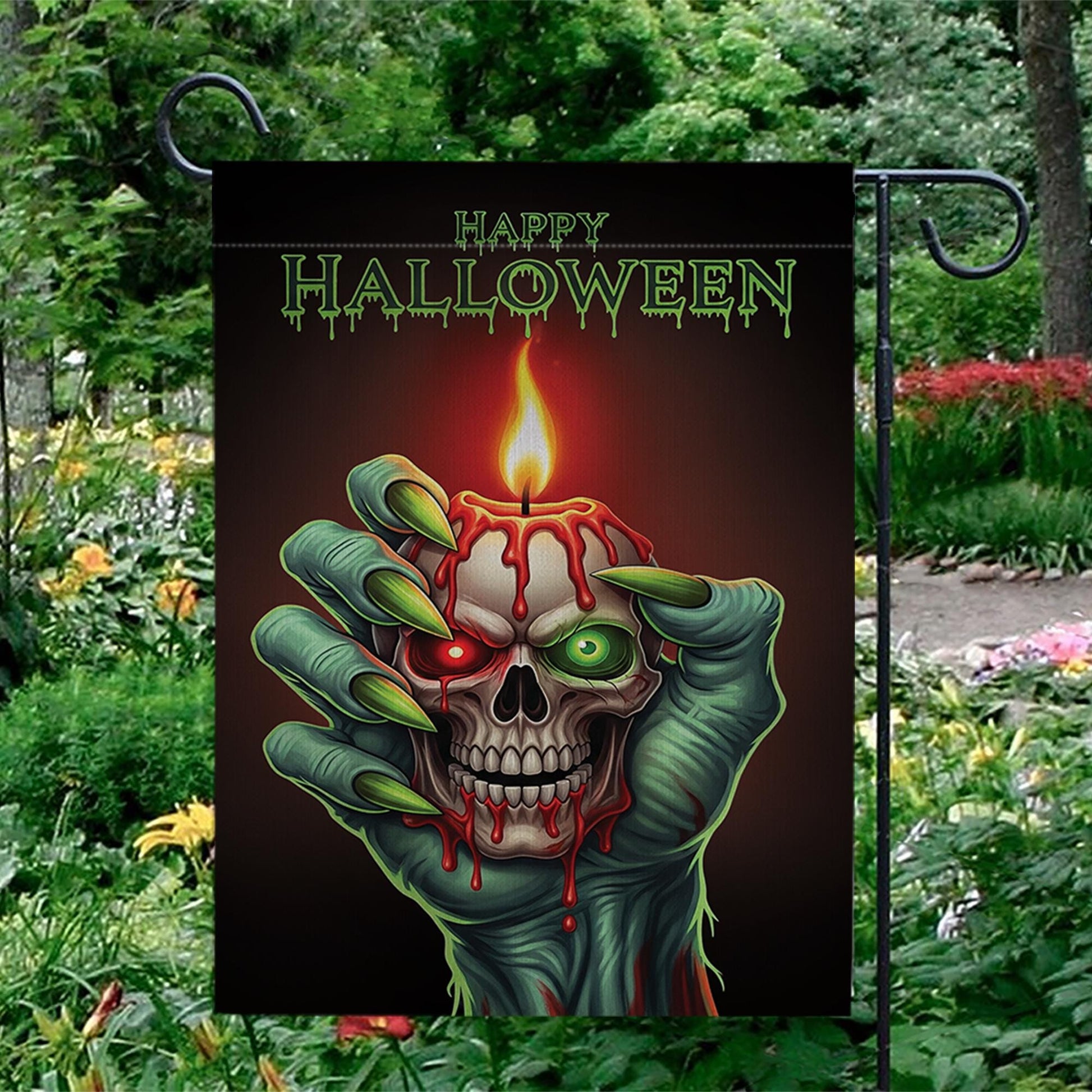 Spooky Skull Candle Garden Flag, Happy Halloween Zombie Hand Yard Decor, Gothic Outdoor Banner