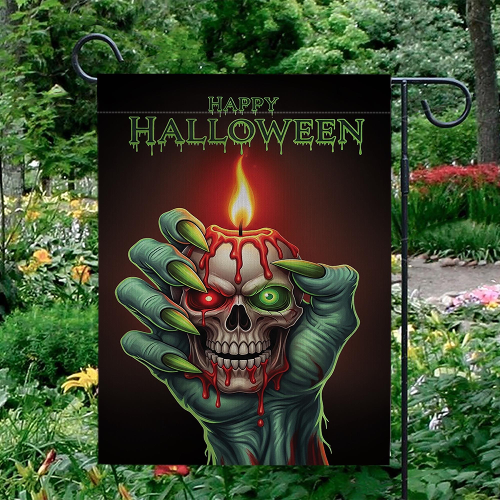 Spooky Skull Candle Garden Flag, Happy Halloween Zombie Hand Yard Decor, Gothic Outdoor Banner