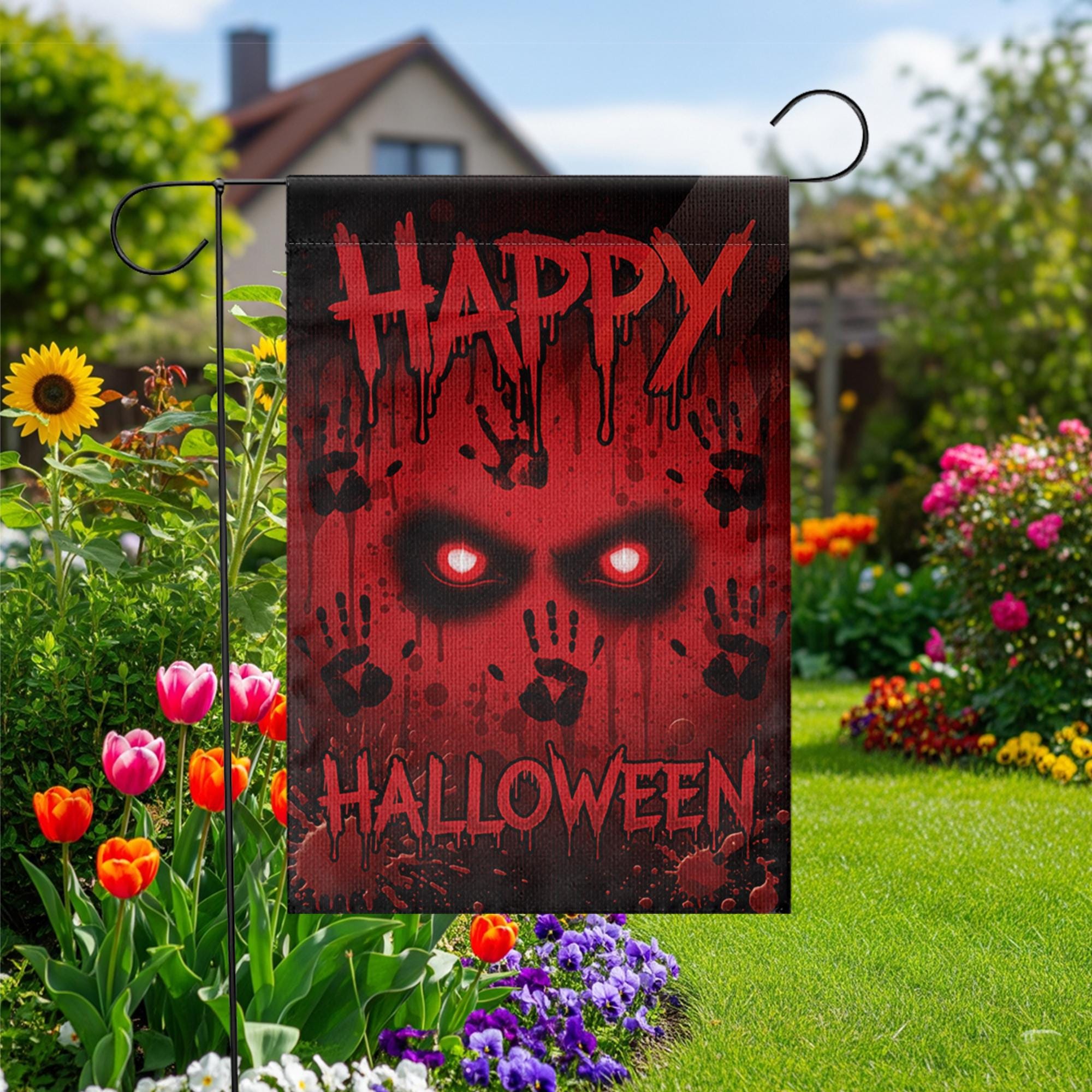 Bloody Eyes Halloween Garden Flag, Spooky Red Handprint Yard Decor, Happy Halloween Banner