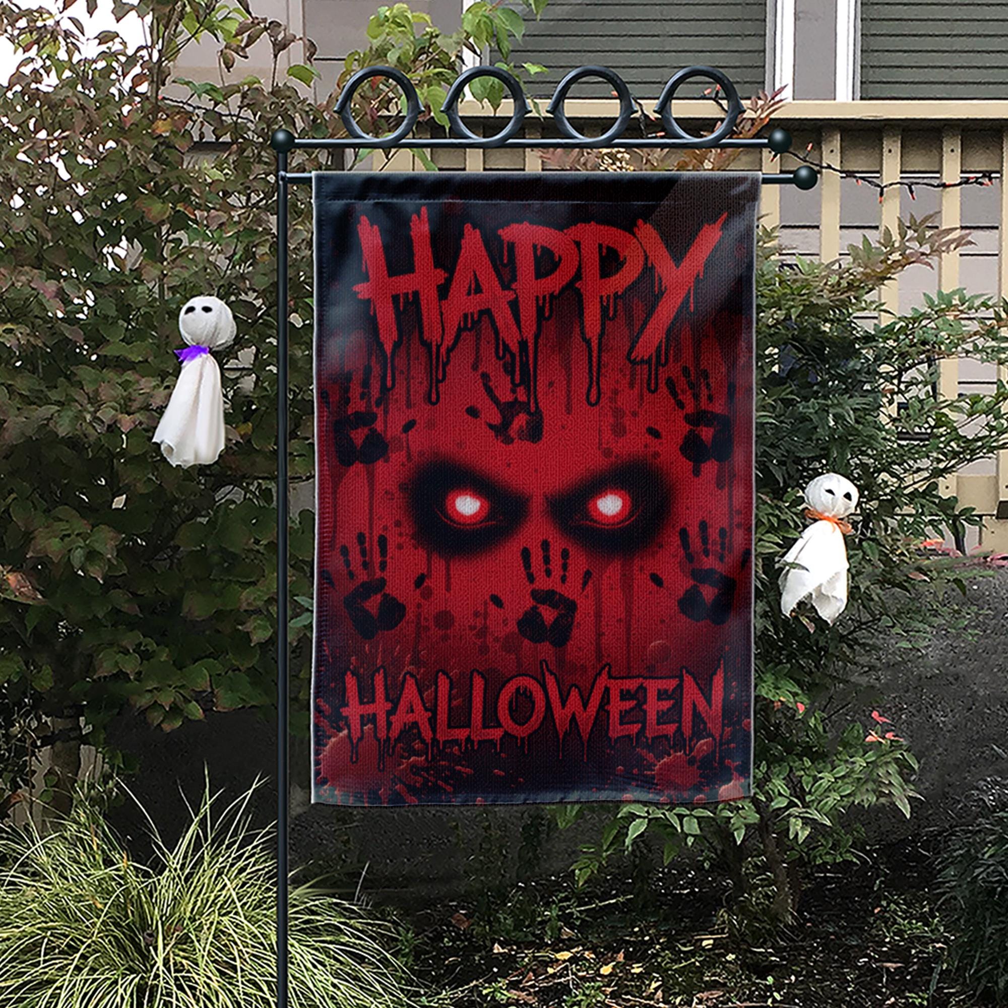 Bloody Eyes Halloween Garden Flag, Spooky Red Handprint Yard Decor, Happy Halloween Banner